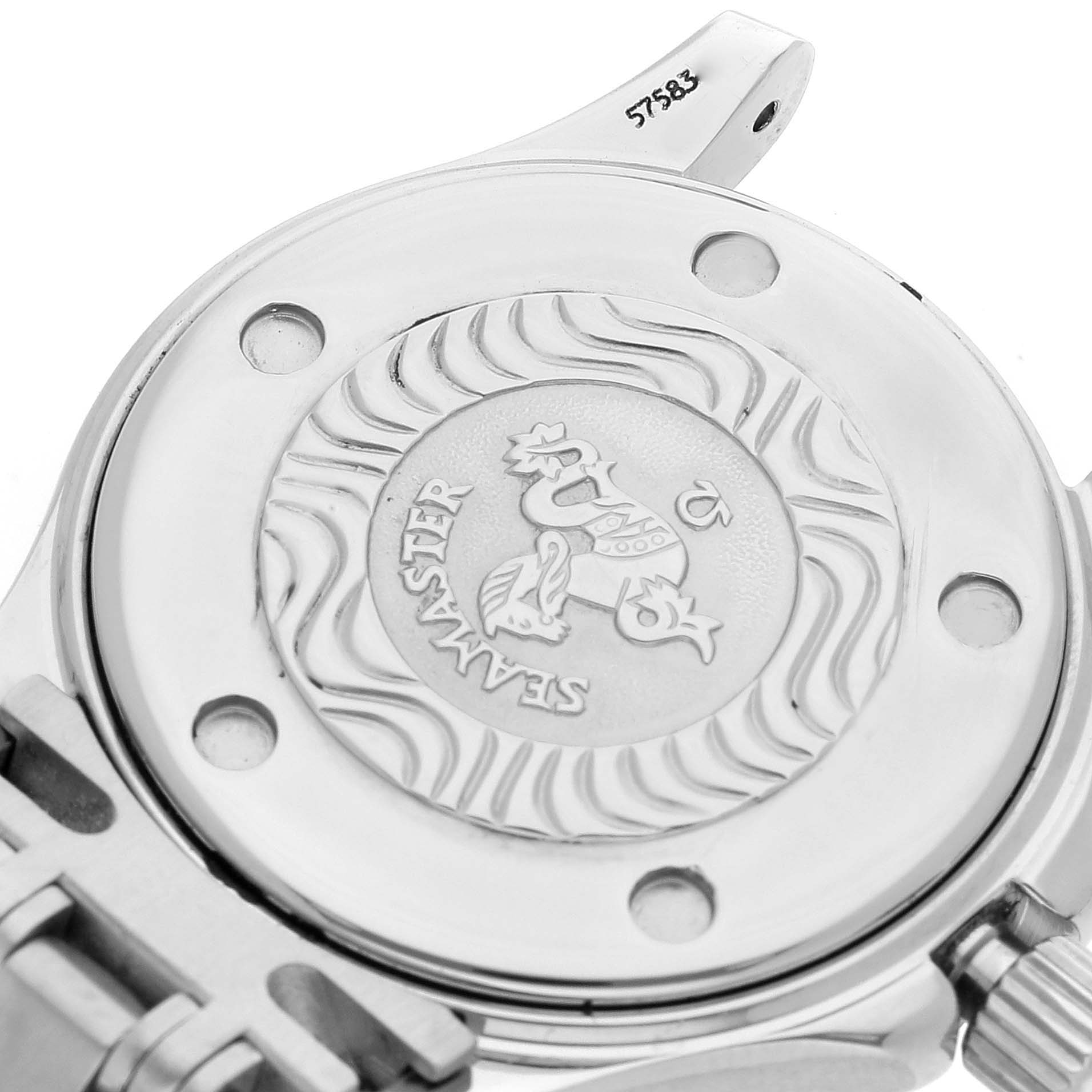 The image shows the back case of an Omega 2583.80.00 Women's Stainless Steel Blue Dial 2583.80.00 Women's Stainless Steel Blue Dial Seamaster Diver 300M 28mm Steel Ladies Watch, model 2583.80.00.