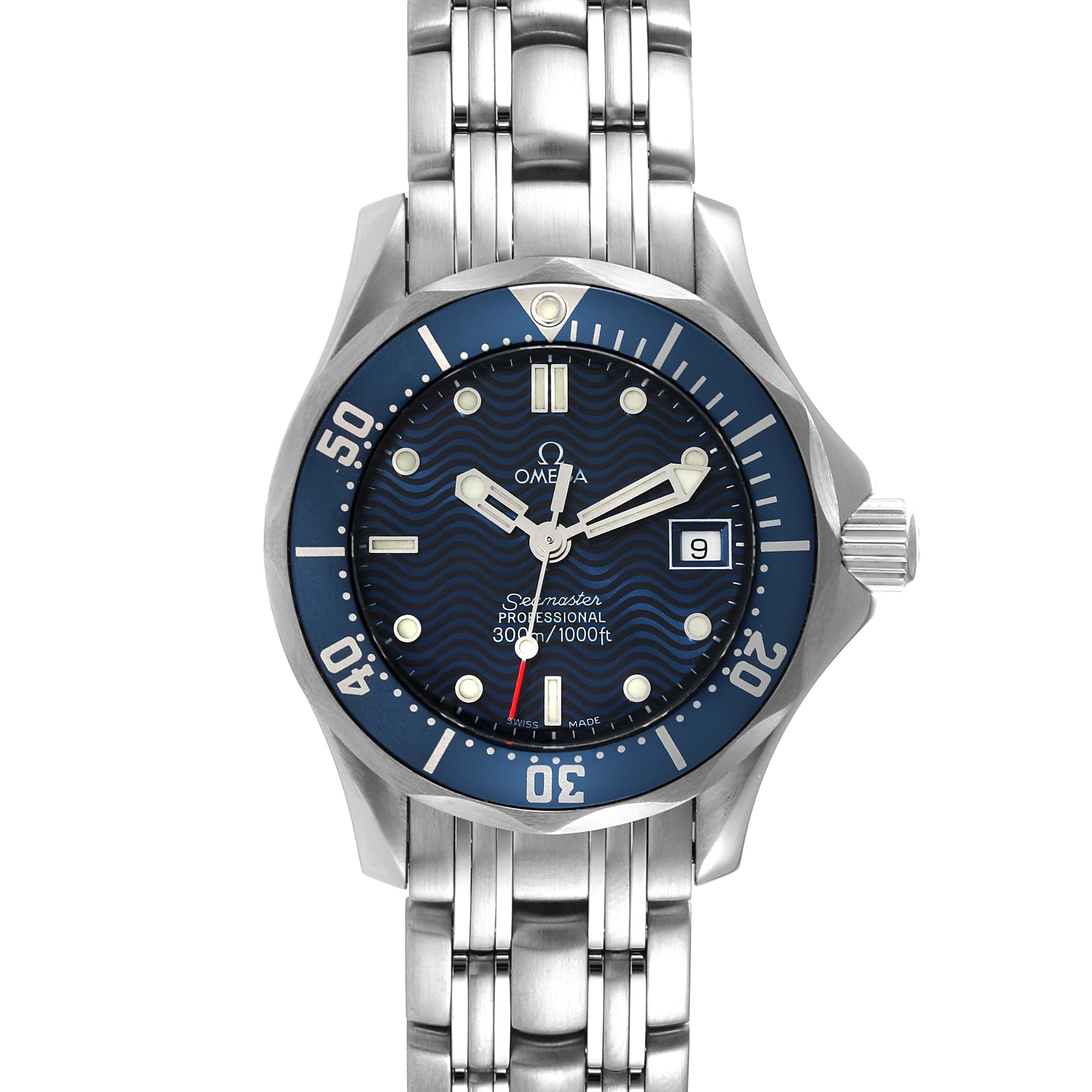 The image shows a front view of the Omega 2583.80.00 Women's Stainless Steel Blue Dial 2583.80.00 Women's Stainless Steel Blue Dial Seamaster Diver 300M 28mm Steel Ladies Watch 2583.80.00, displaying its dial, bezel, and bracelet.