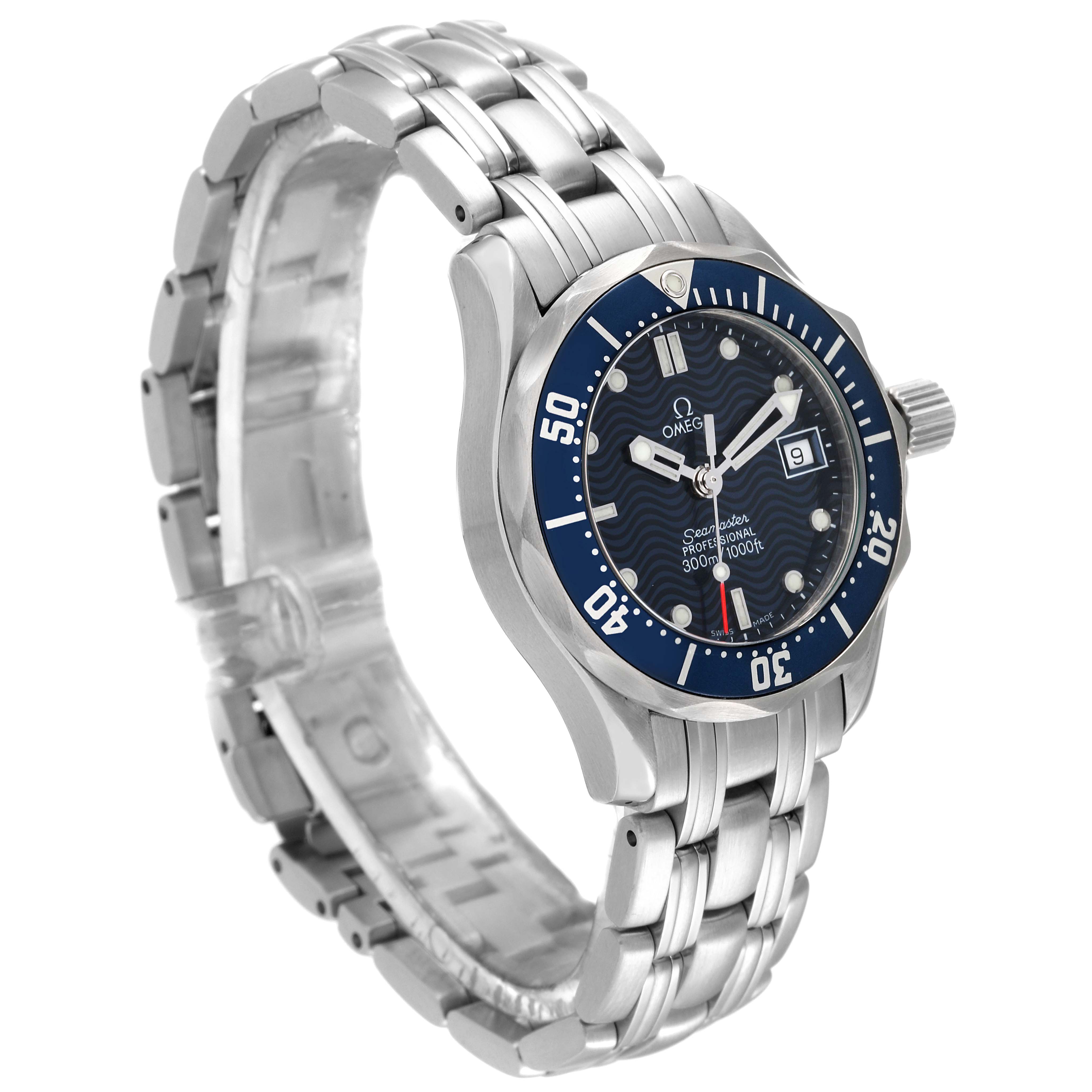 The Omega 2583.80.00 Women's Stainless Steel Blue Dial 2583.80.00 Women's Stainless Steel Blue Dial Seamaster Diver 300M 28mm Steel Ladies Watch 2583.80.00 is shown at a three-quarter angle, highlighting the dial, bezel, and bracelet.