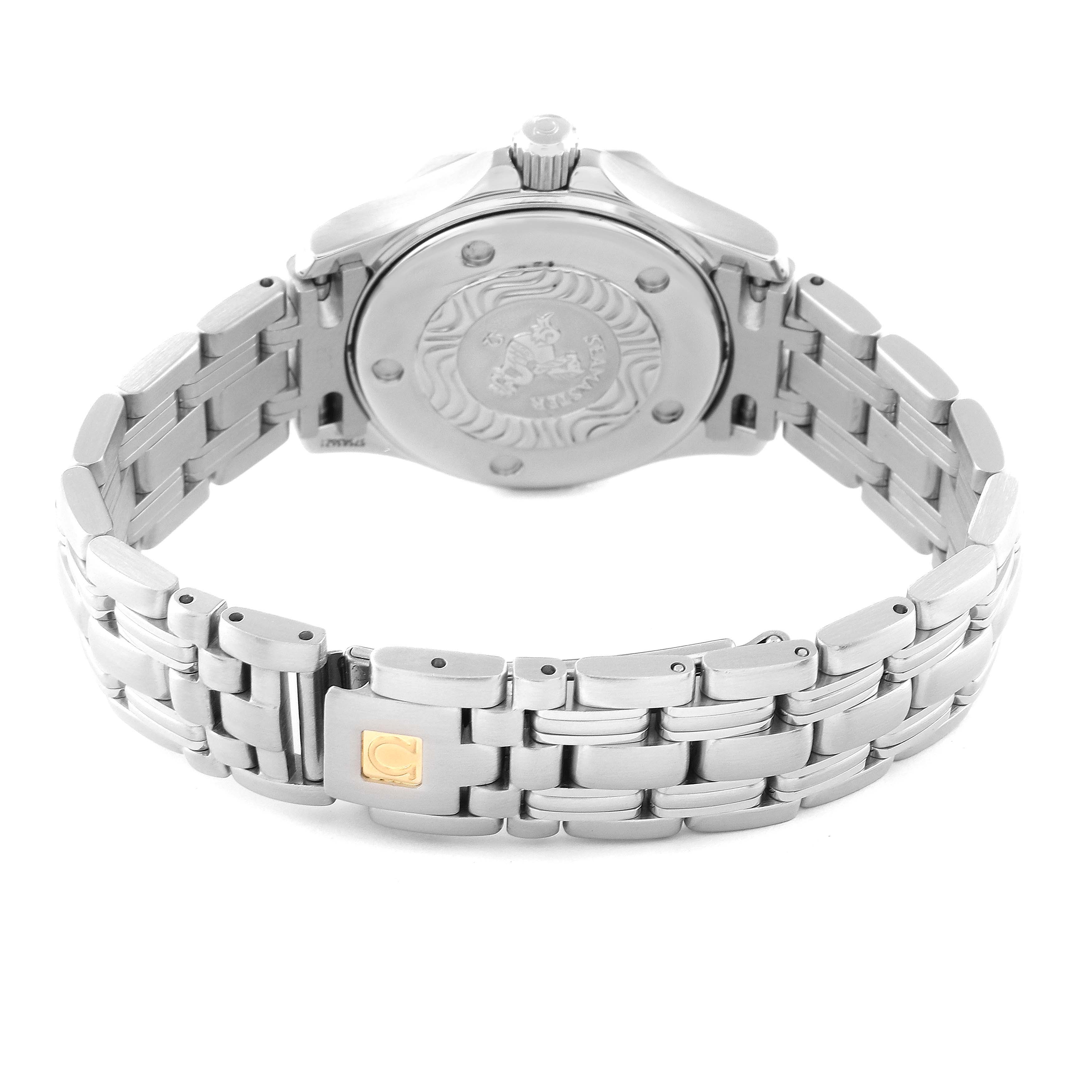 The image shows the back and bracelet of the Omega 2583.80.00 Women's Stainless Steel Blue Dial 2583.80.00 Women's Stainless Steel Blue Dial Seamaster Diver 300M 28mm Steel Ladies Watch model 2583.80.00.