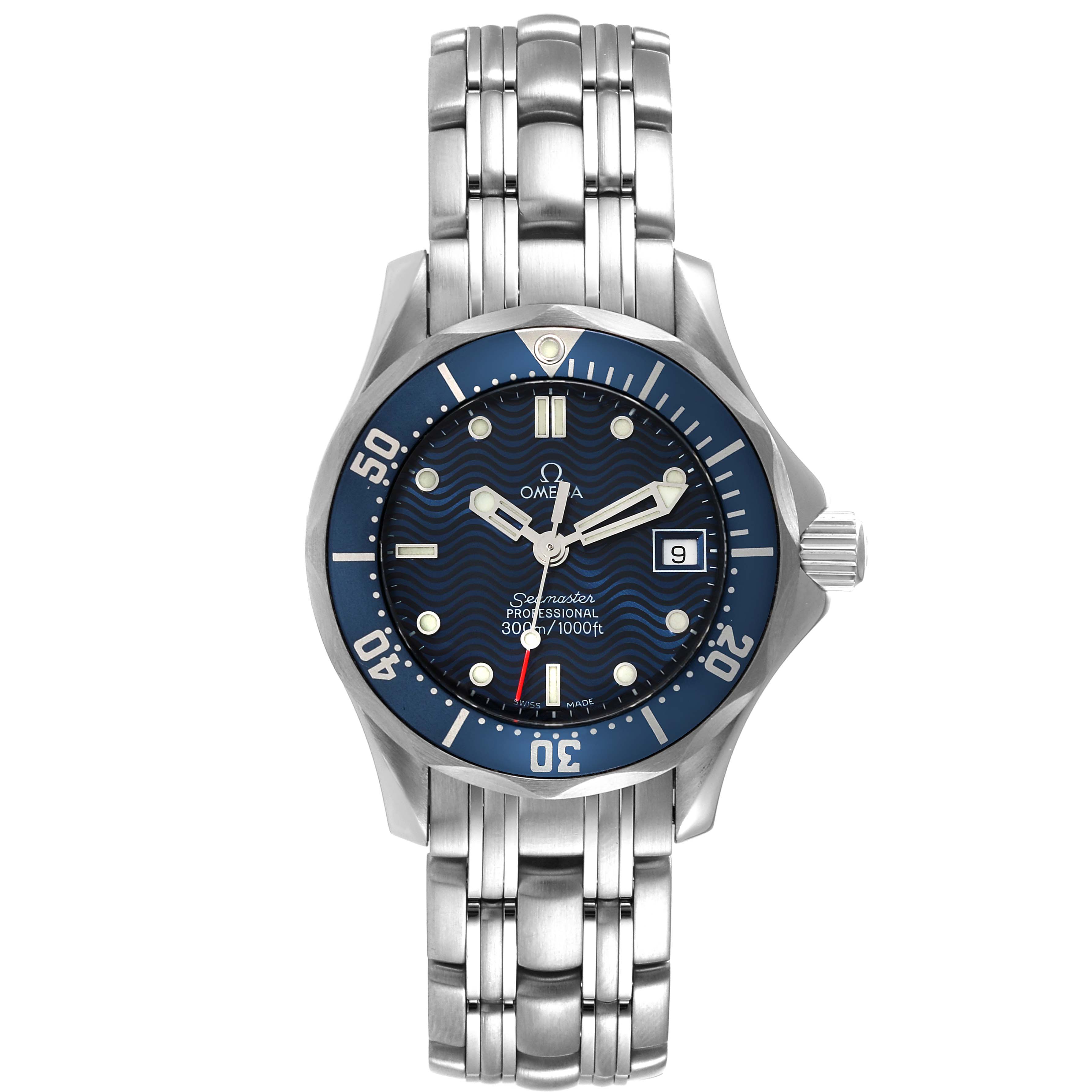 The Omega 2583.80.00 Women's Stainless Steel Blue Dial 2583.80.00 Women's Stainless Steel Blue Dial Seamaster Diver 300M 28mm Steel Ladies Watch 2583.80.00 is shown from a top-down angle displaying its face and bracelet.