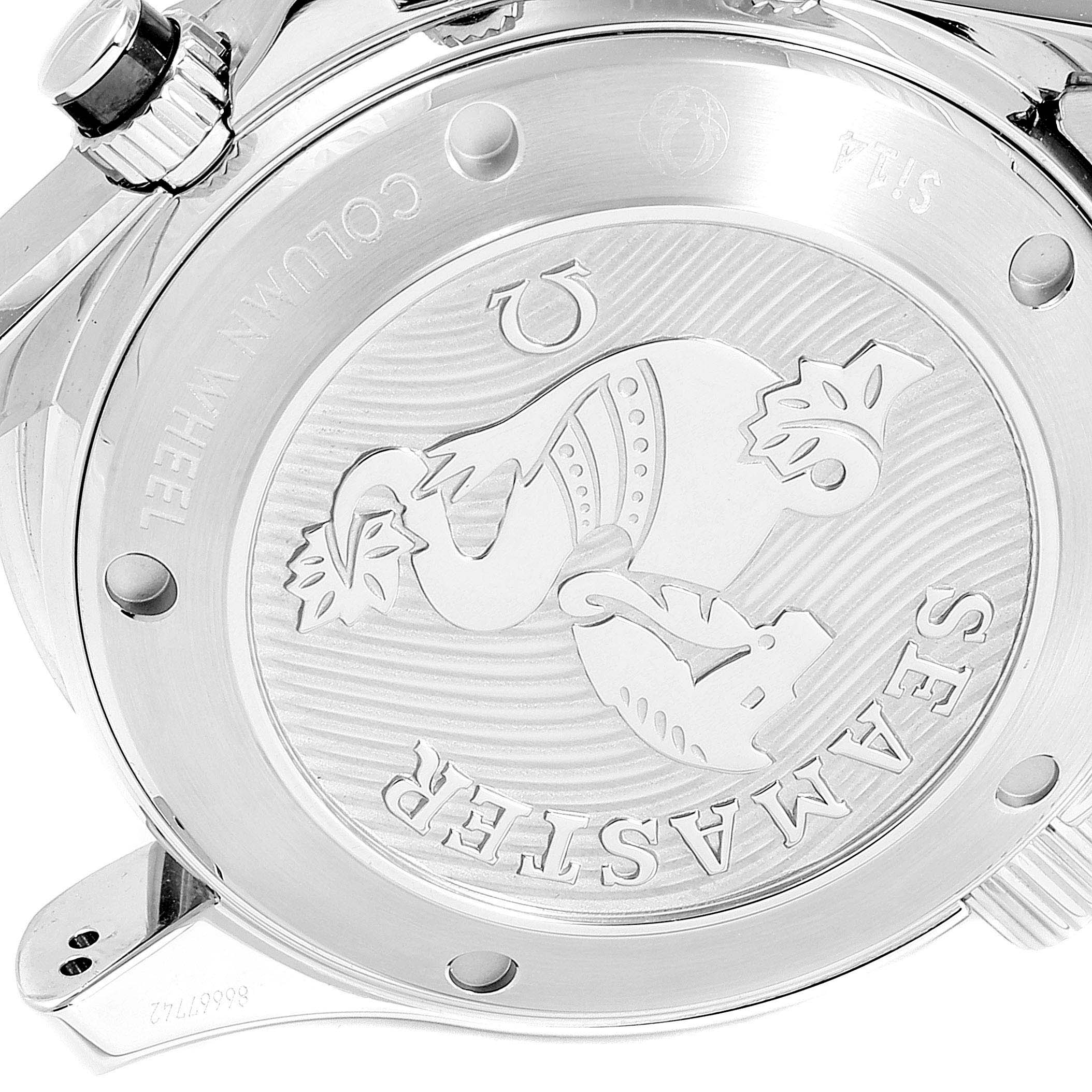 This image shows the back case of an Omega Seamaster 212.30.42.50.01.001 Men
s Stainless Steel Black Dial 212.30.42.50.01.001 Men
s Stainless Steel Black Dial watch at an angle, highlighting the engraved logo and text.