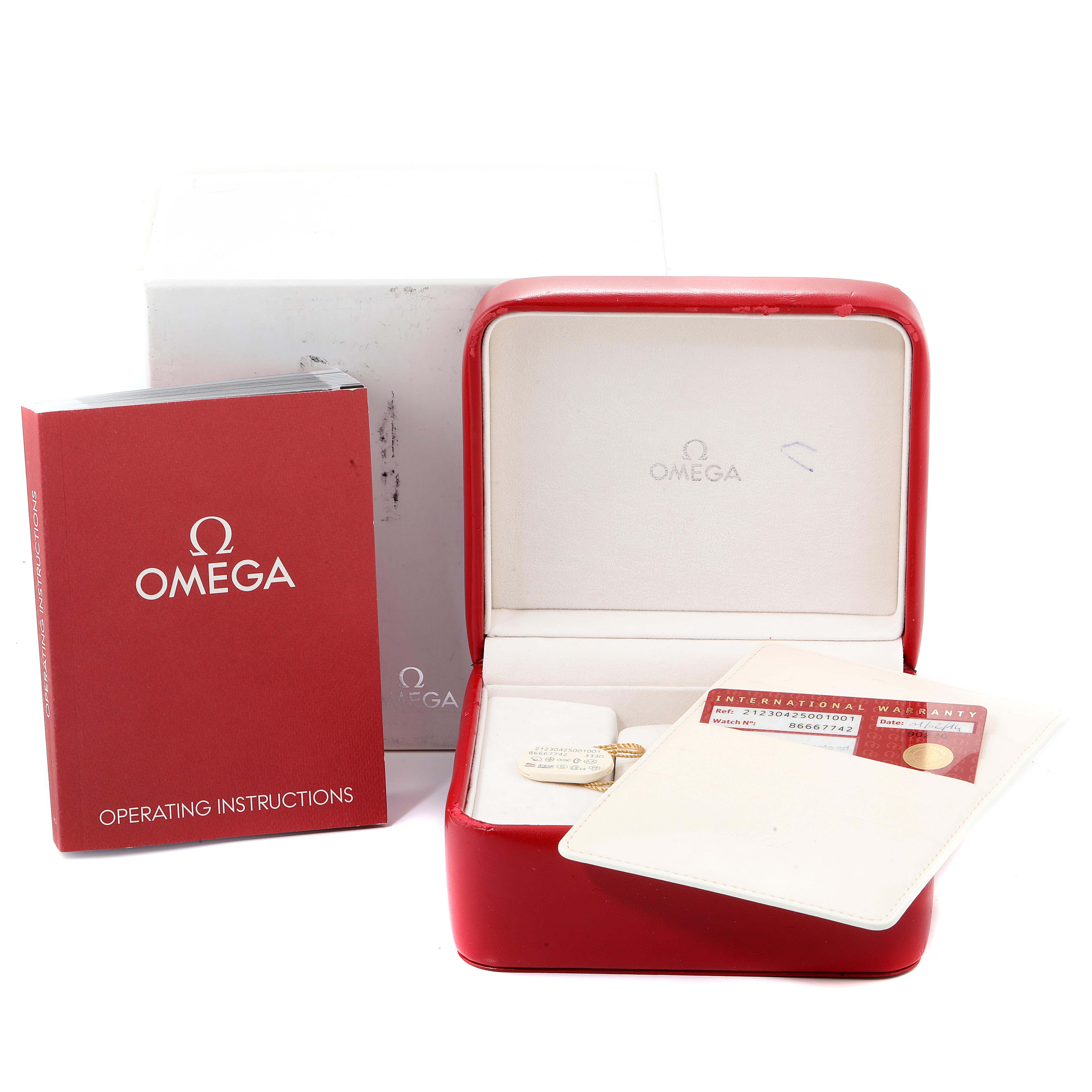 The image shows an Omega Seamaster 212.30.42.50.01.001 Men
s Stainless Steel Black Dial 212.30.42.50.01.001 Men
s Stainless Steel Black Dial watch box, with an operating instructions booklet, warranty card, and packaging accessories.