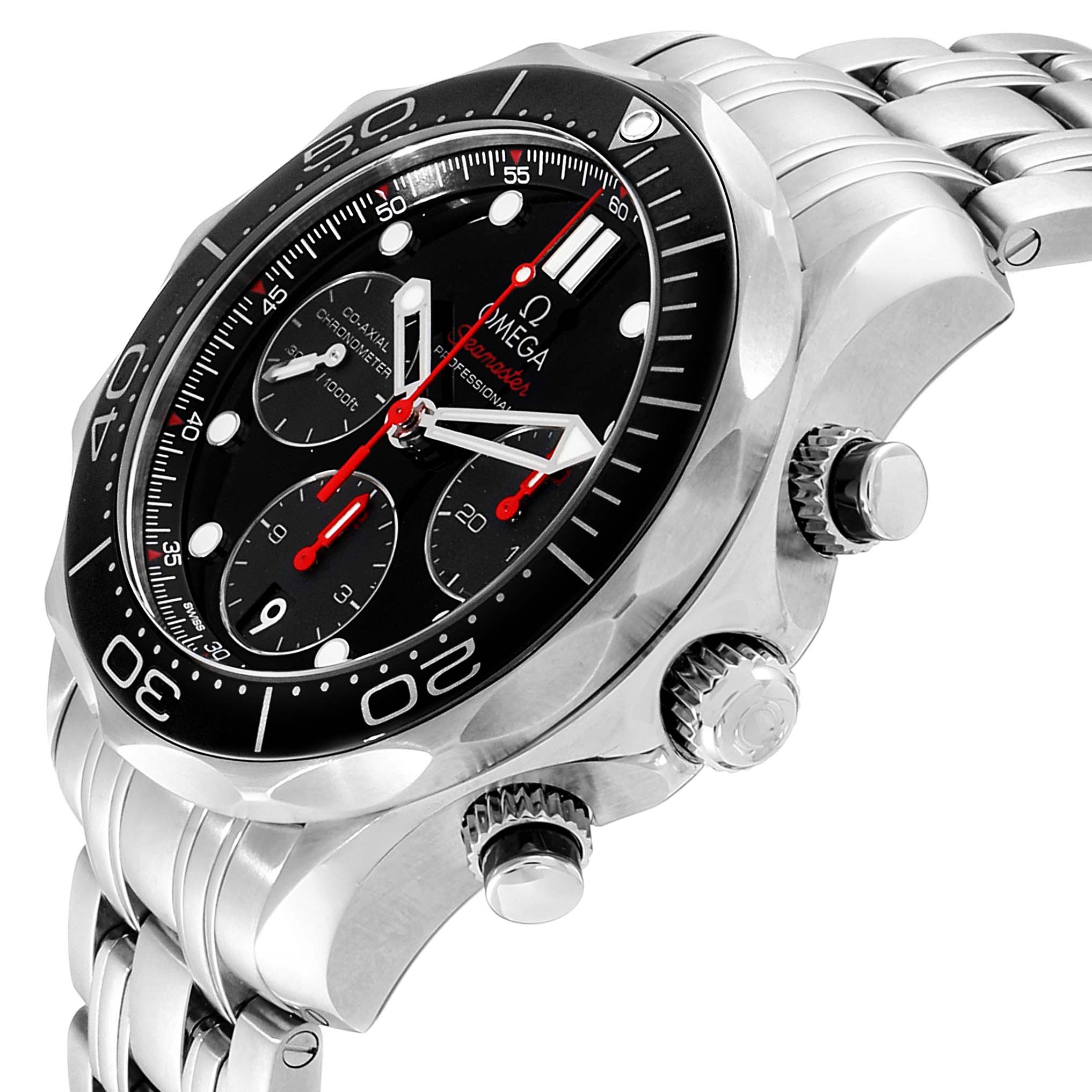 This image shows a close-up angle of the Omega Seamaster 212.30.42.50.01.001 Men
s Stainless Steel Black Dial 212.30.42.50.01.001 Men
s Stainless Steel Black Dial watch featuring the bezel, dial, crown, and pushers.