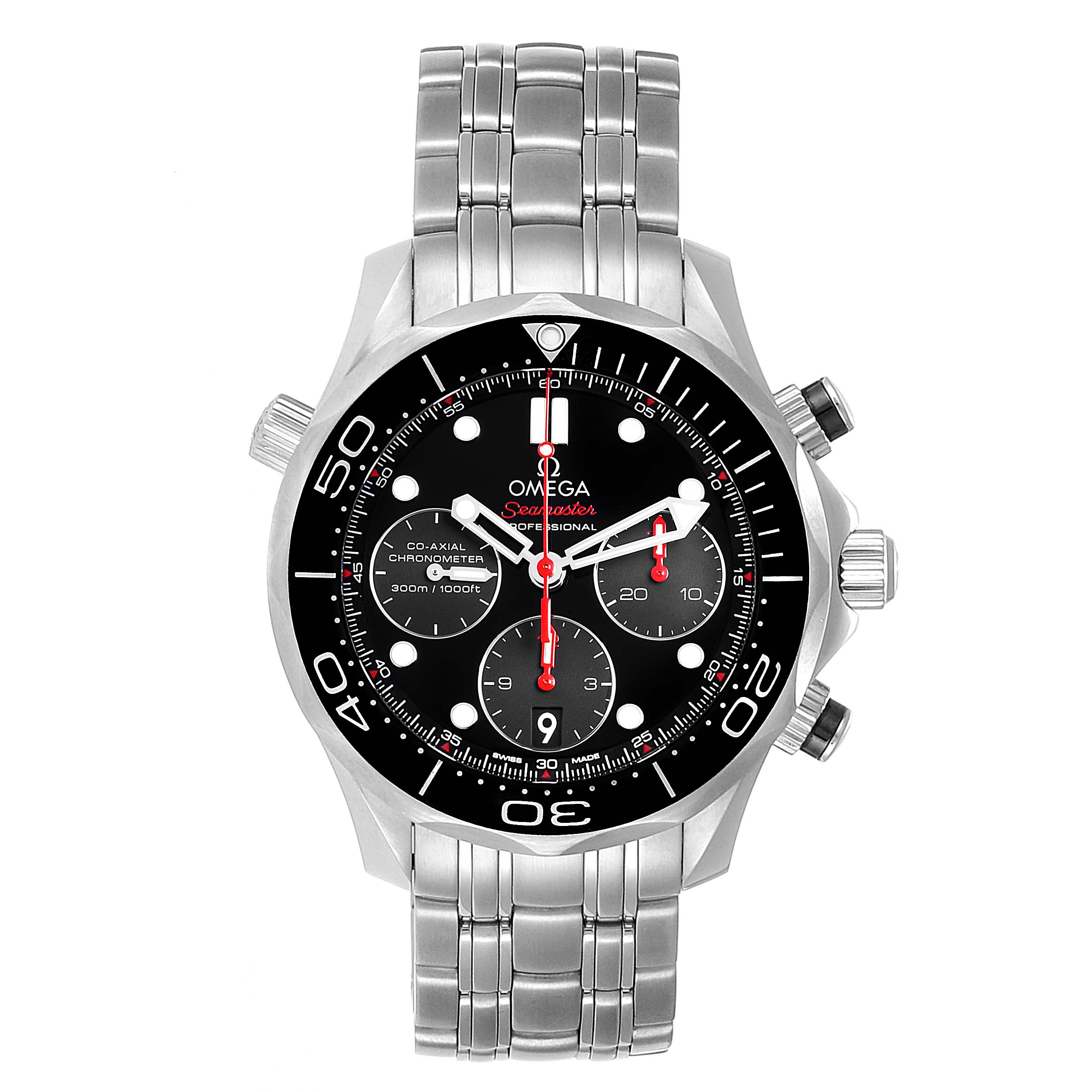 This image shows a front view of an Omega Seamaster 212.30.42.50.01.001 Men
s Stainless Steel Black Dial 212.30.42.50.01.001 Men
s Stainless Steel Black Dial watch, displaying the face, bezel, pushers, and metal bracelet.