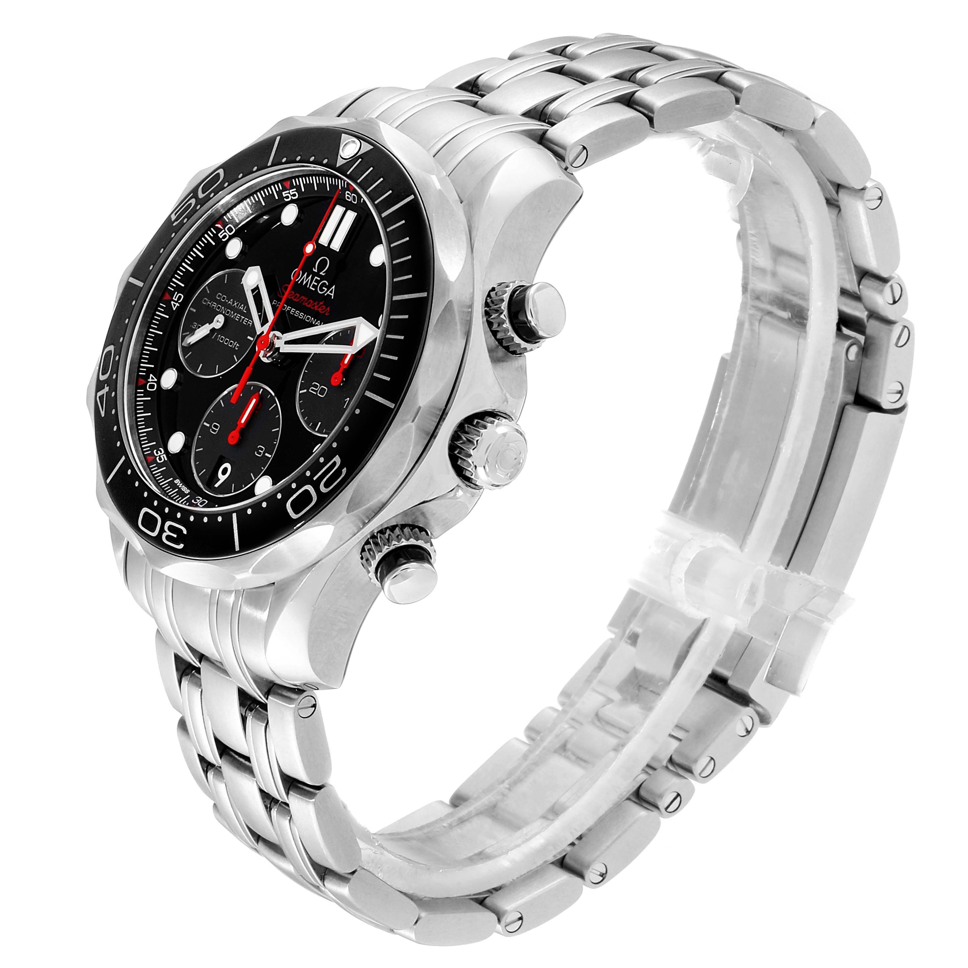 The image shows an Omega Seamaster 212.30.42.50.01.001 Men
s Stainless Steel Black Dial 212.30.42.50.01.001 Men
s Stainless Steel Black Dial watch from a left-front angle, highlighting the bezel, dial, pushers, and stainless steel bracelet.