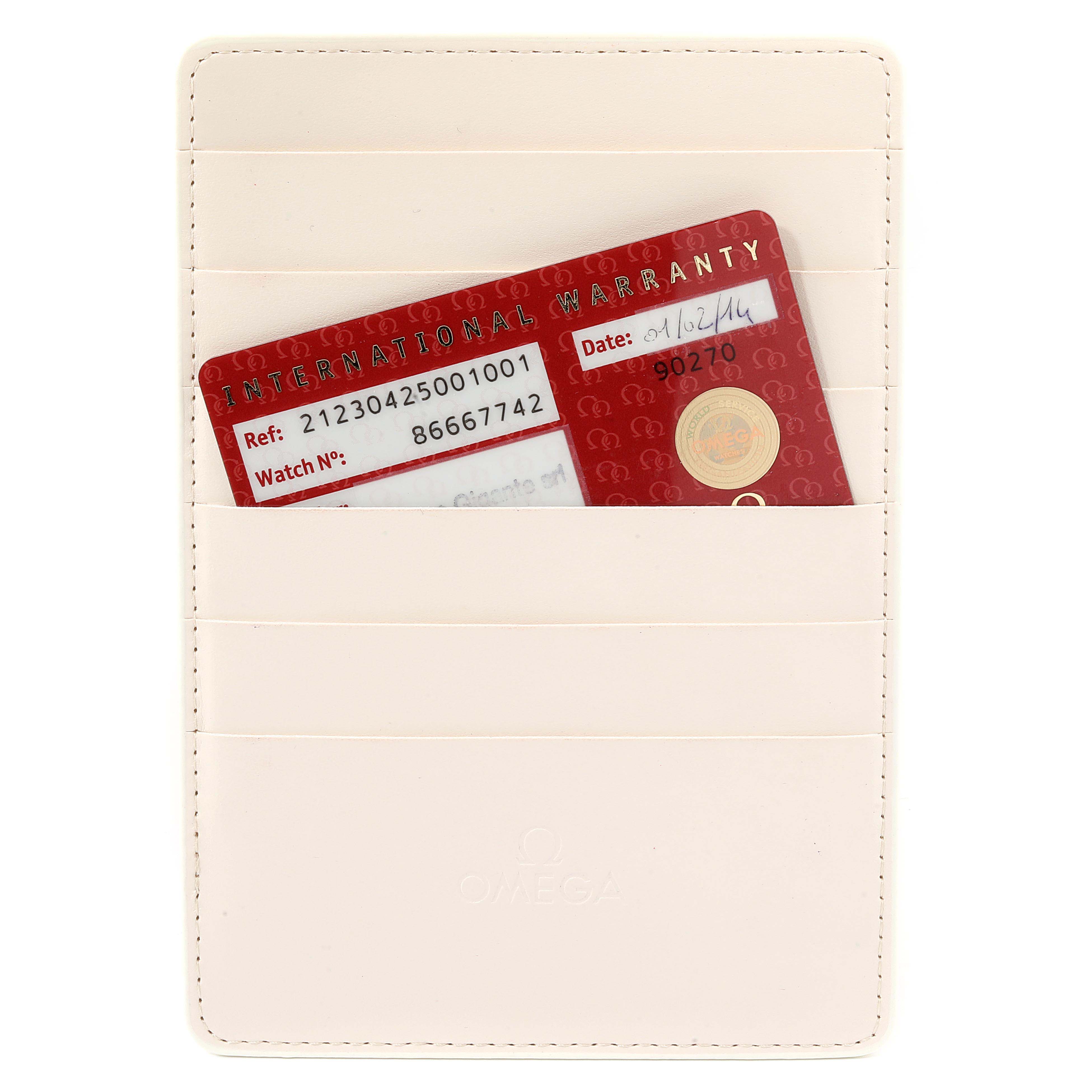 A front view of an Omega Seamaster 212.30.42.50.01.001 Men
s Stainless Steel Black Dial 212.30.42.50.01.001 Men
s Stainless Steel Black Dial International Warranty card placed in a beige cardholder.