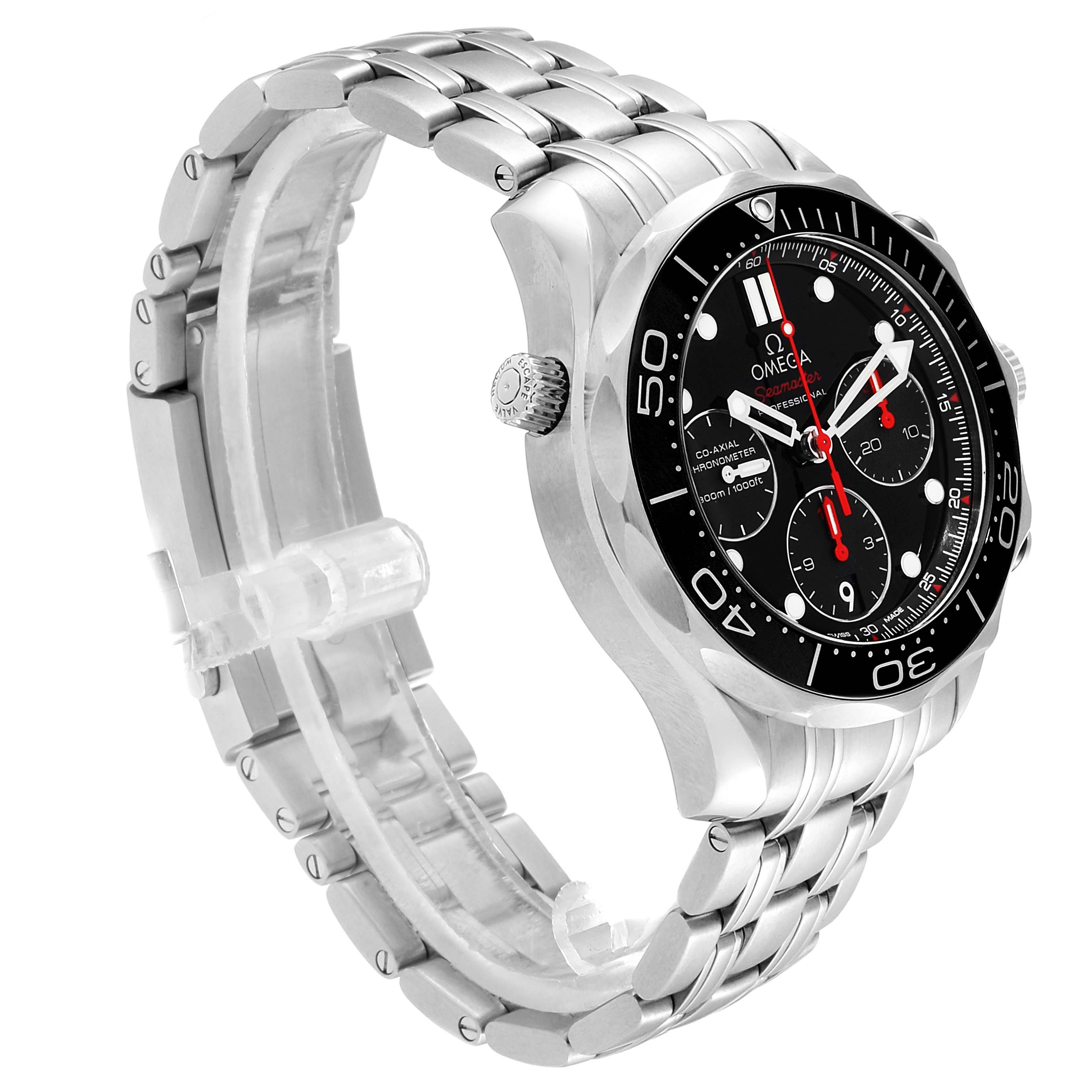 This image shows a side view of the Omega Seamaster 212.30.42.50.01.001 Men
s Stainless Steel Black Dial 212.30.42.50.01.001 Men
s Stainless Steel Black Dial watch, highlighting the bracelet, crown, and face.