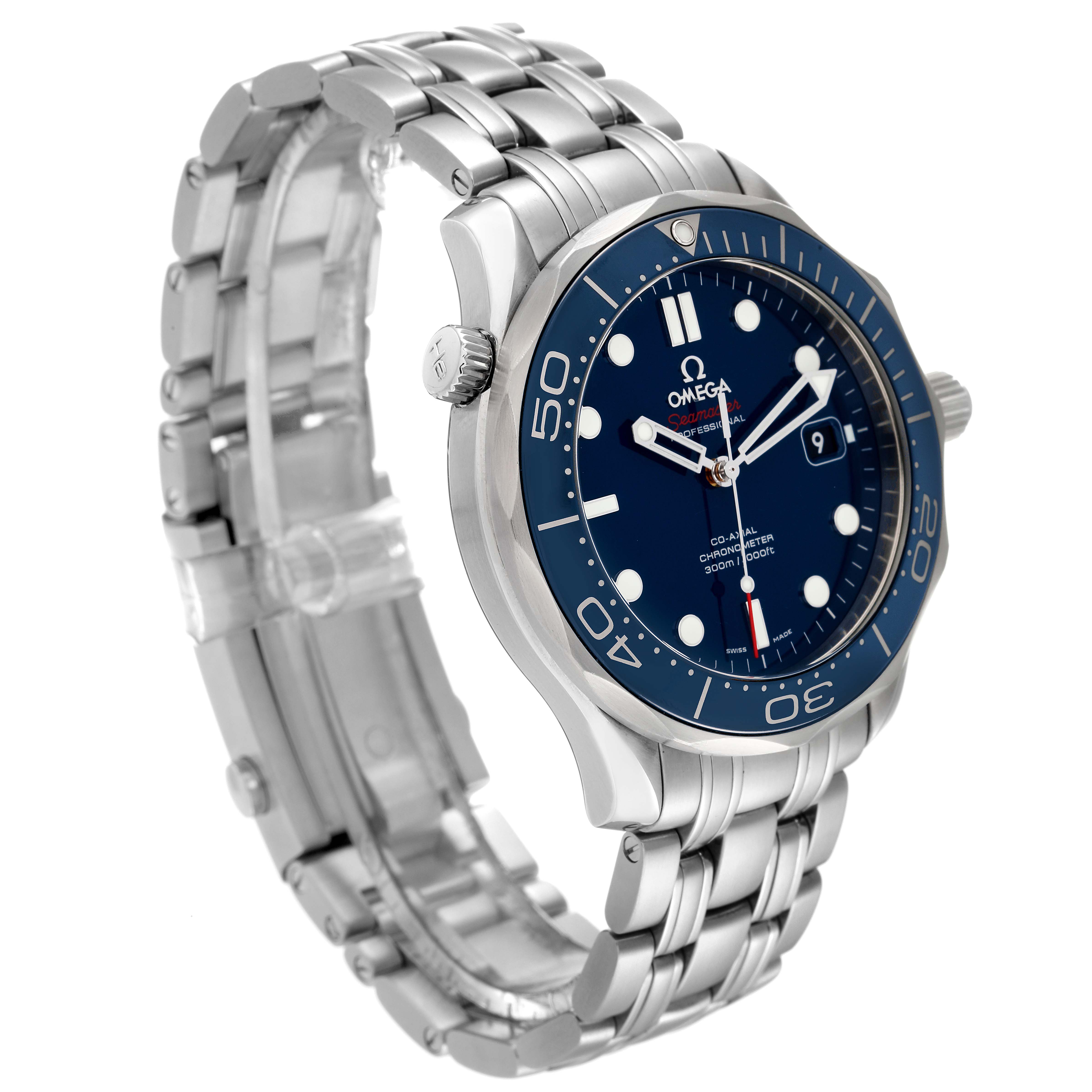 The image shows a side angle of the Omega Seamaster 212.30.41.20.03.001 Men's Stainless Steel Blue Dial 212.30.41.20.03.001 Men's Stainless Steel Blue Dial, highlighting the watch face, bezel, band, and crown.
