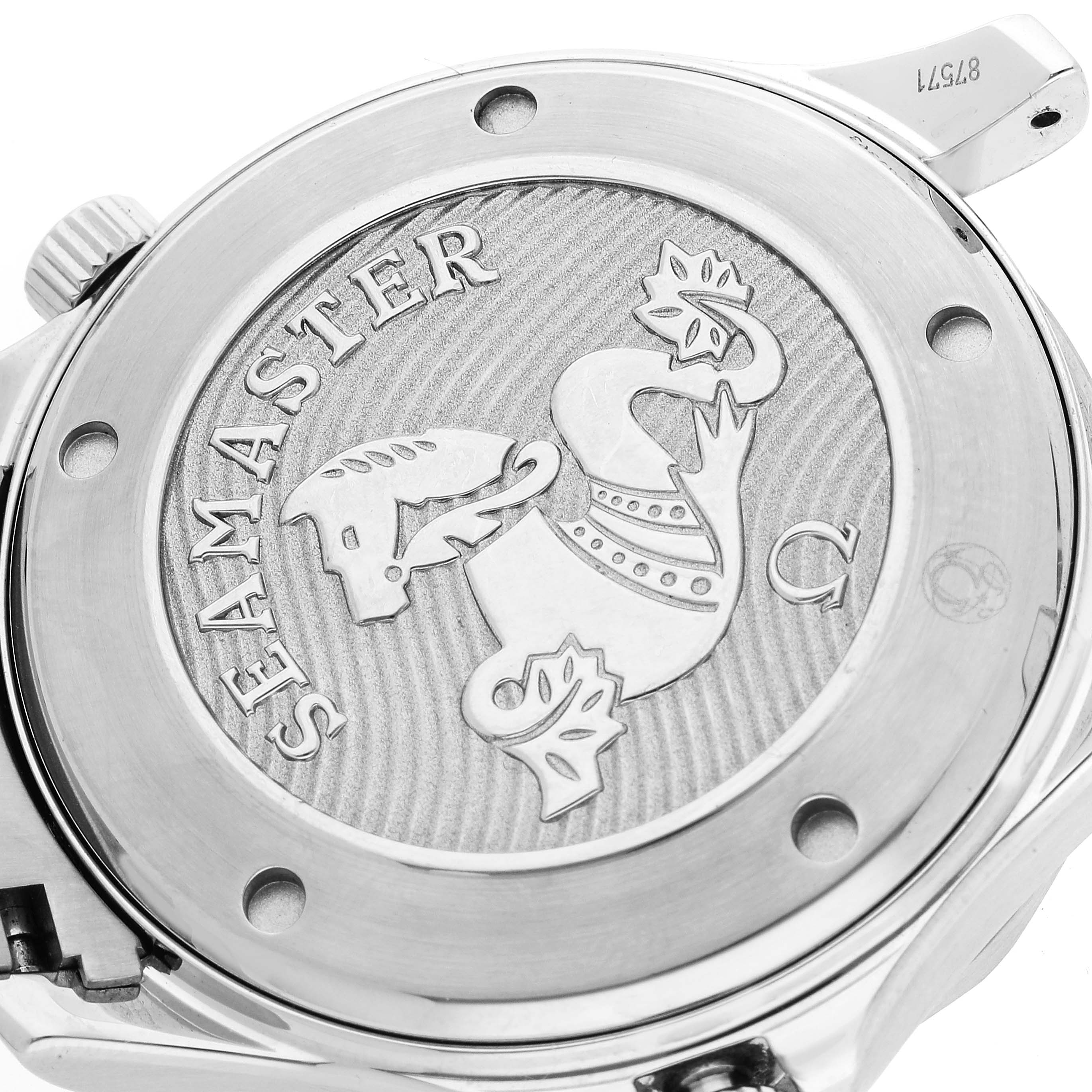 This image displays the back case of an Omega Seamaster 212.30.41.20.03.001 Men's Stainless Steel Blue Dial 212.30.41.20.03.001 Men's Stainless Steel Blue Dial watch.