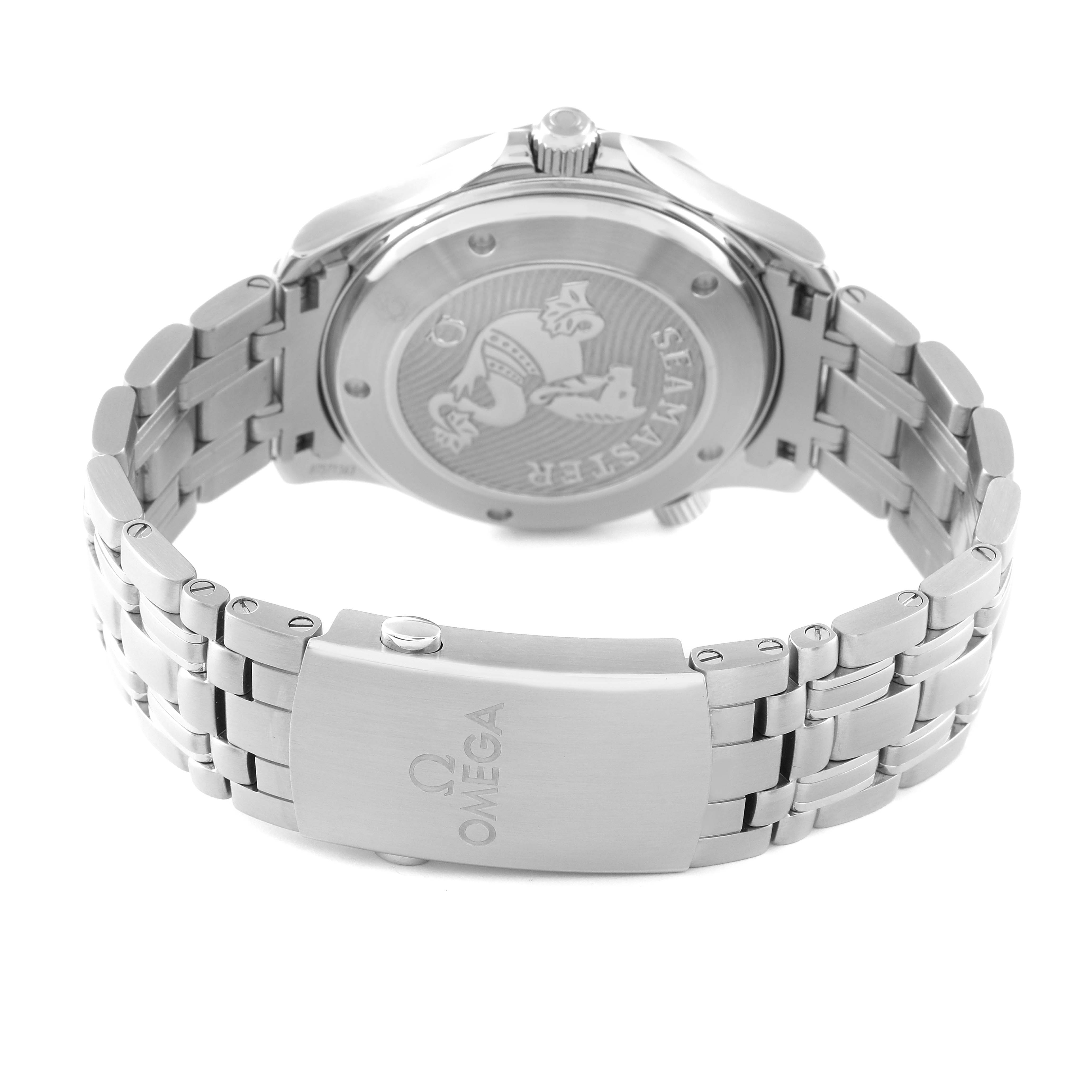 The image shows the back and clasp of an Omega Seamaster 212.30.41.20.03.001 Men's Stainless Steel Blue Dial 212.30.41.20.03.001 Men's Stainless Steel Blue Dial watch at a slight angle.