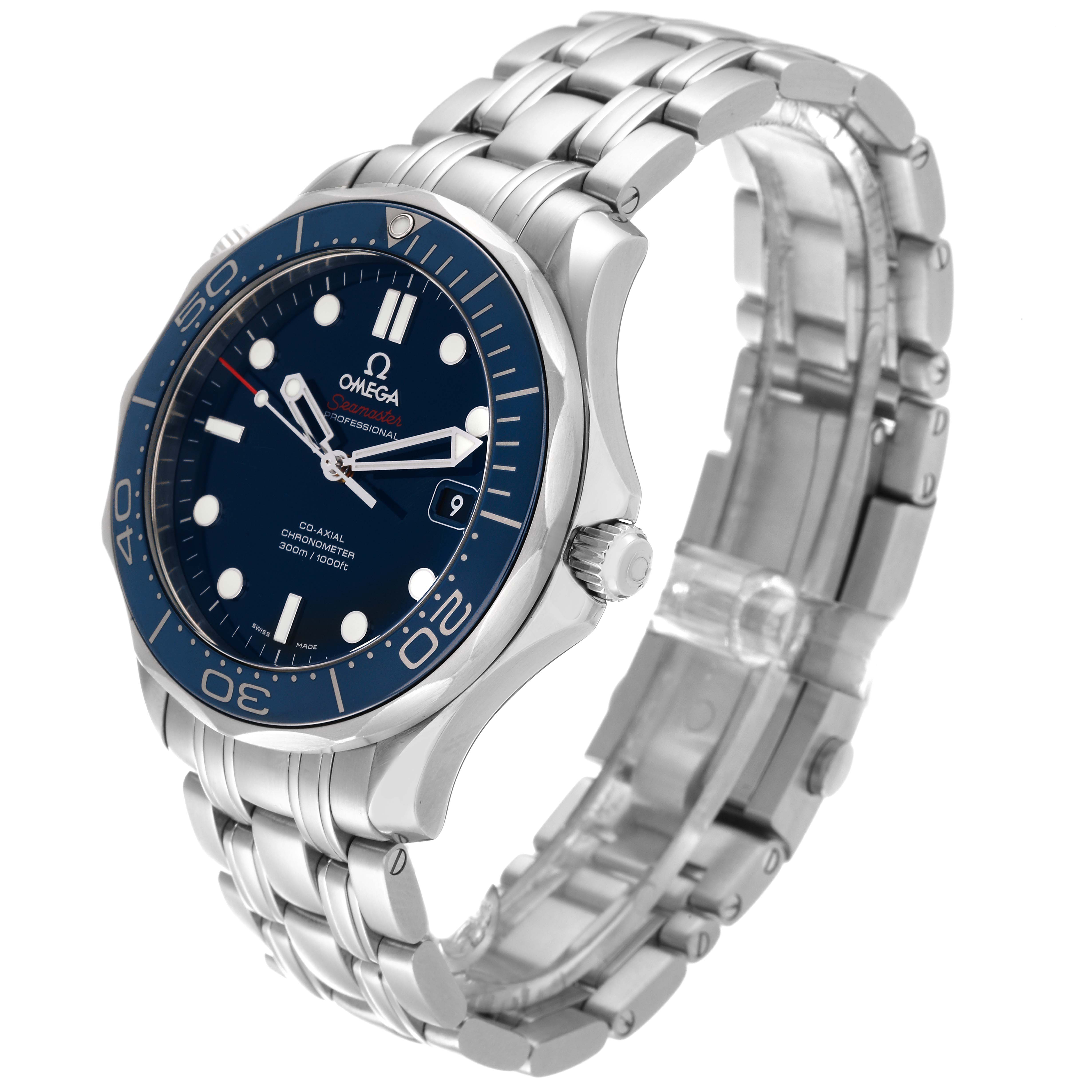 The image shows a side angle of the Omega Seamaster 212.30.41.20.03.001 Men's Stainless Steel Blue Dial 212.30.41.20.03.001 Men's Stainless Steel Blue Dial watch, highlighting the bezel, face, bracelet, and clasp.