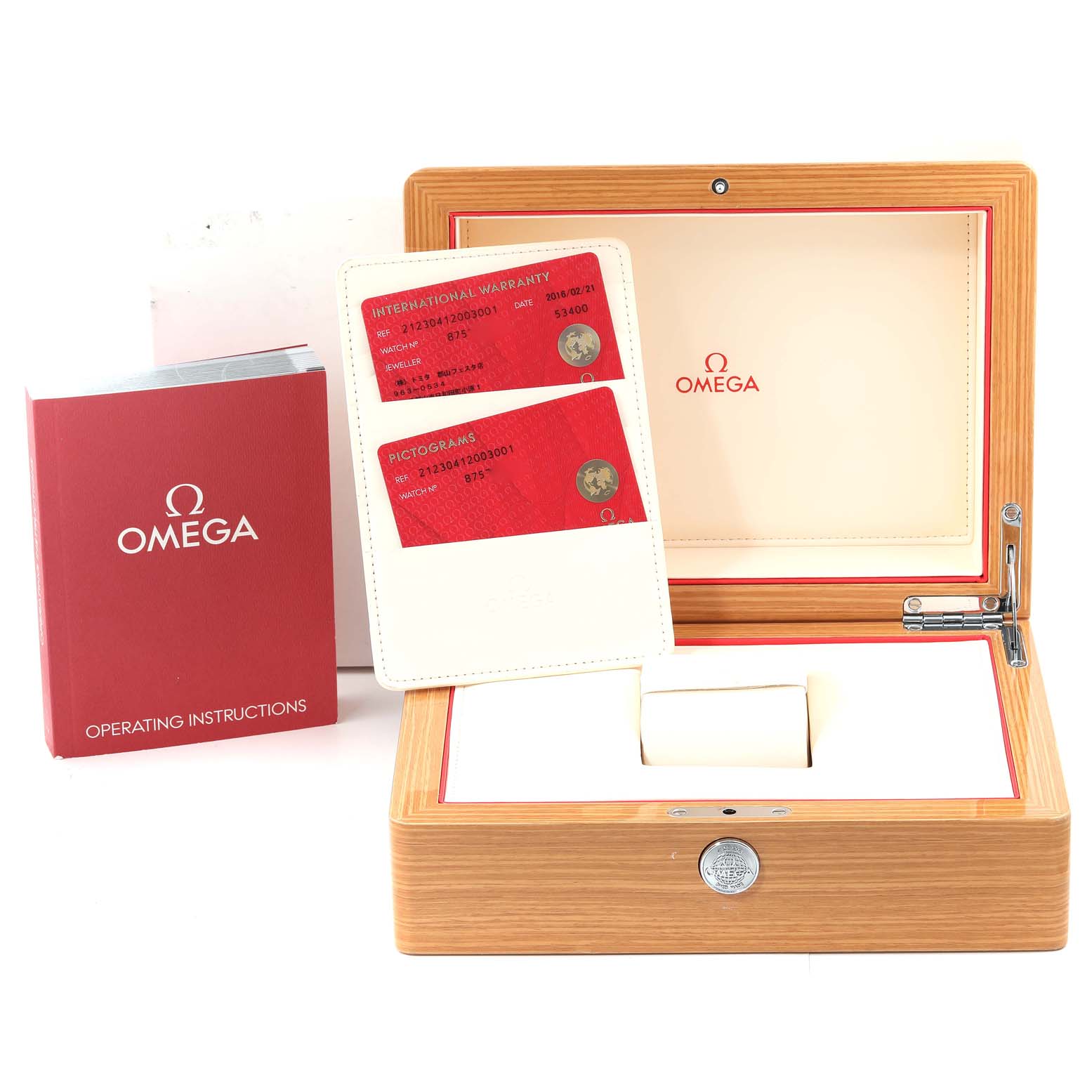 The image depicts an Omega Seamaster 212.30.41.20.03.001 Men's Stainless Steel Blue Dial 212.30.41.20.03.001 Men's Stainless Steel Blue Dial watch's presentation box, warranty cards, and the operating instructions manual.