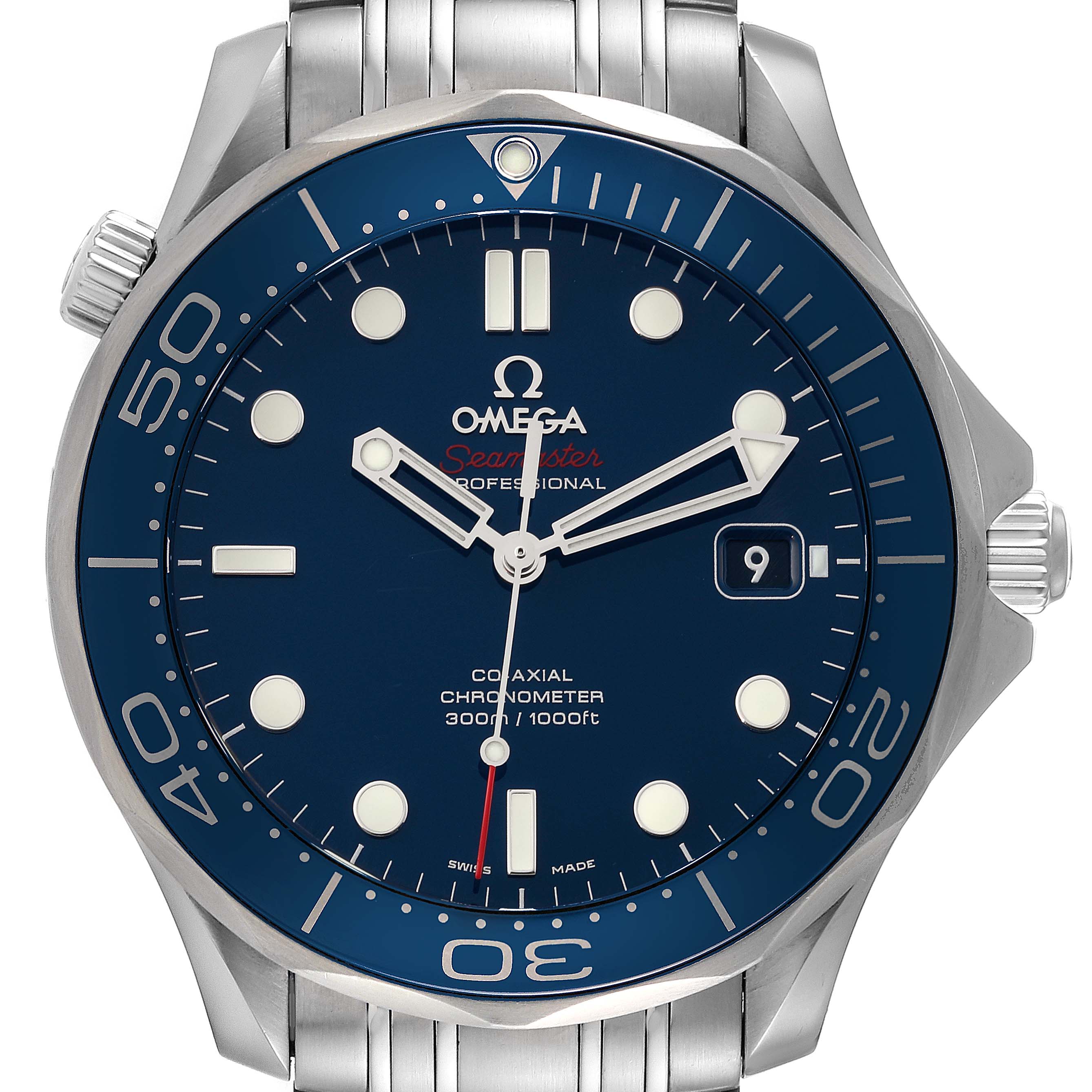 This image shows a frontal view of the Omega Seamaster 212.30.41.20.03.001 Men's Stainless Steel Blue Dial 212.30.41.20.03.001 Men's Stainless Steel Blue Dial watch displaying its dial, bezel, hands, and a part of the bracelet.