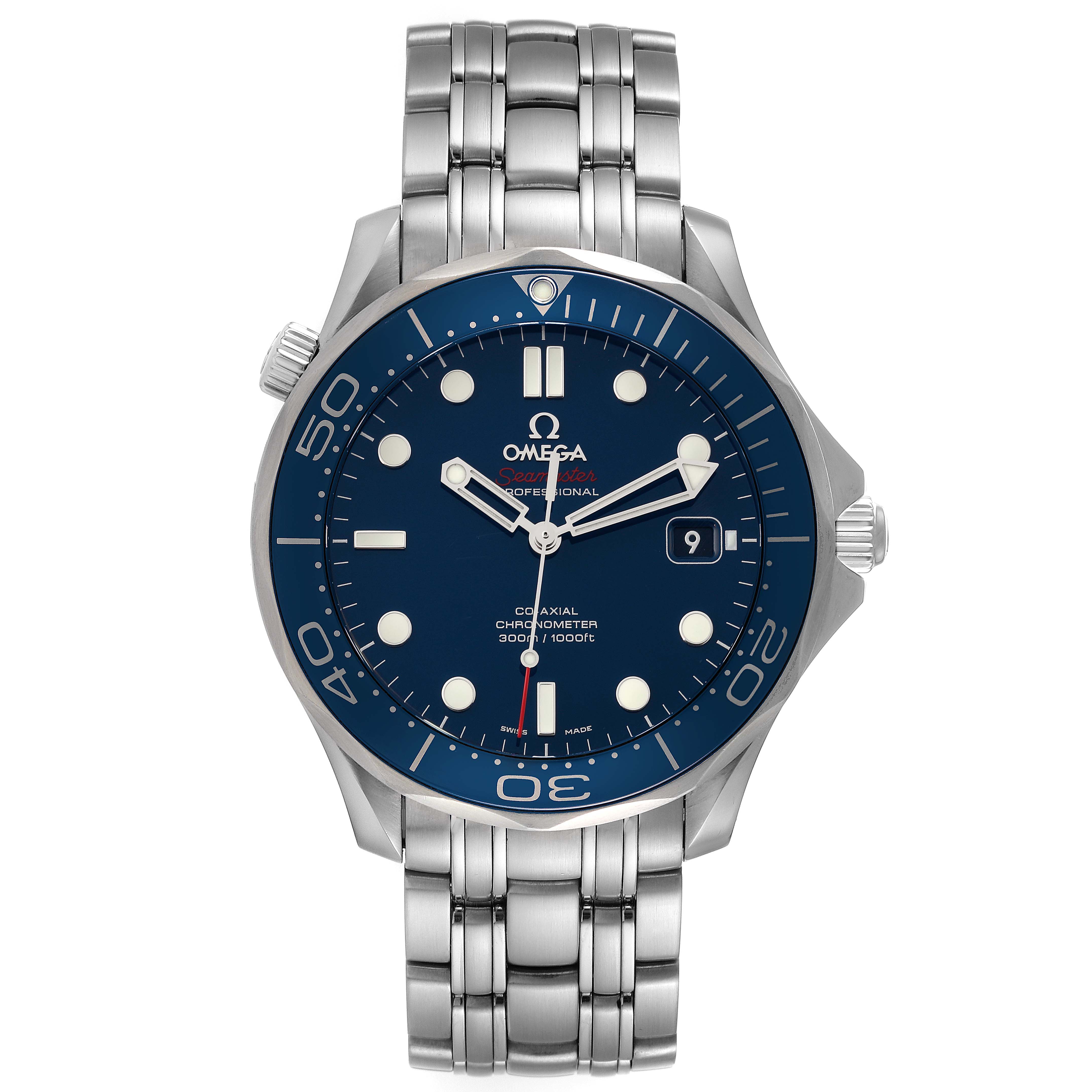 The Omega Seamaster 212.30.41.20.03.001 Men's Stainless Steel Blue Dial 212.30.41.20.03.001 Men's Stainless Steel Blue Dial watch is shown from the front, featuring its dial, bezel, hands, and metal bracelet.