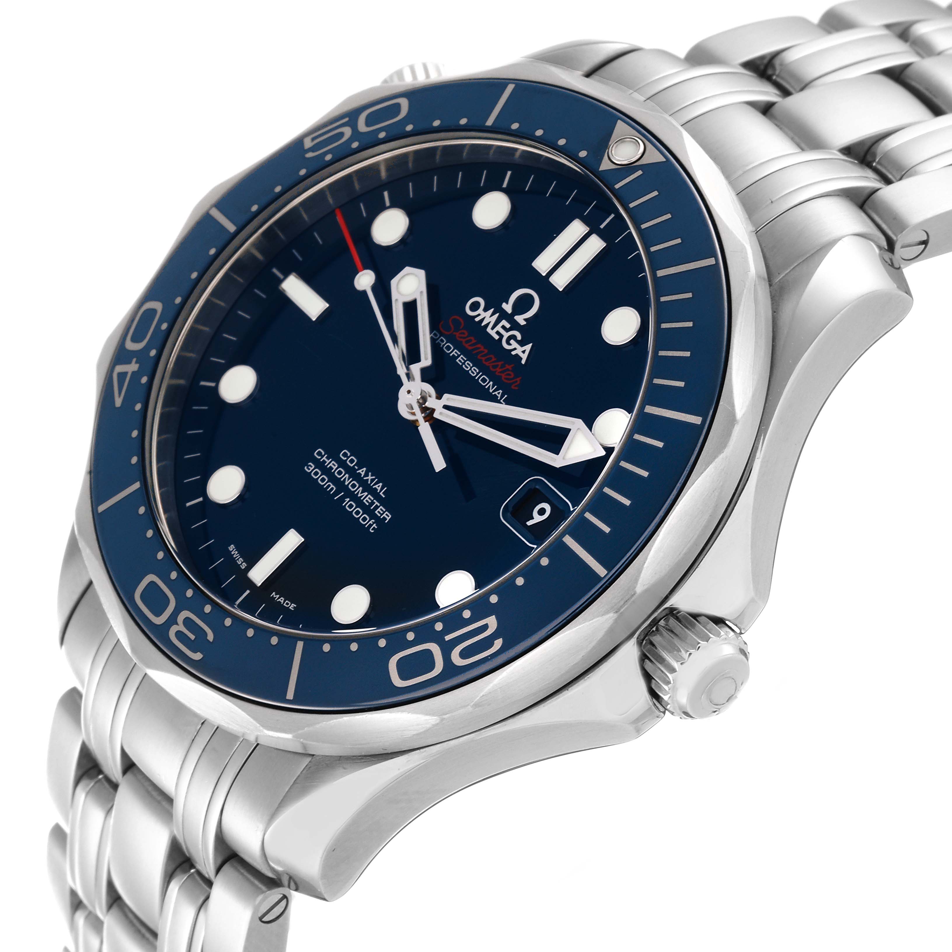 This image shows a side angle of the Omega Seamaster 212.30.41.20.03.001 Men's Stainless Steel Blue Dial 212.30.41.20.03.001 Men's Stainless Steel Blue Dial watch, detailing the face, bezel, crown, and bracelet.