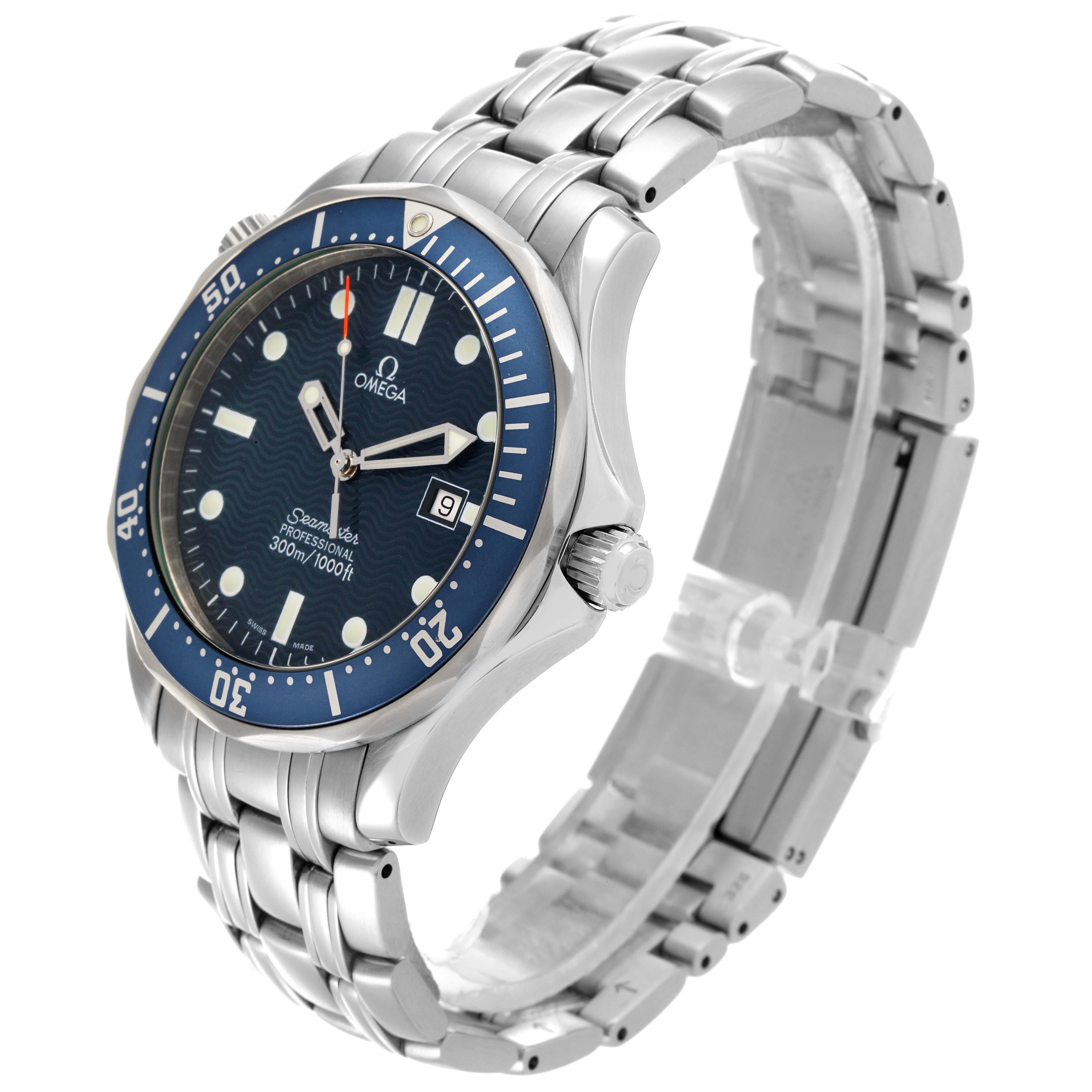 The Omega Seamaster 2541.80.00 Men's Stainless Steel Blue Dial watch is shown at an angle highlighting the dial, bezel, crown, and metal bracelet.