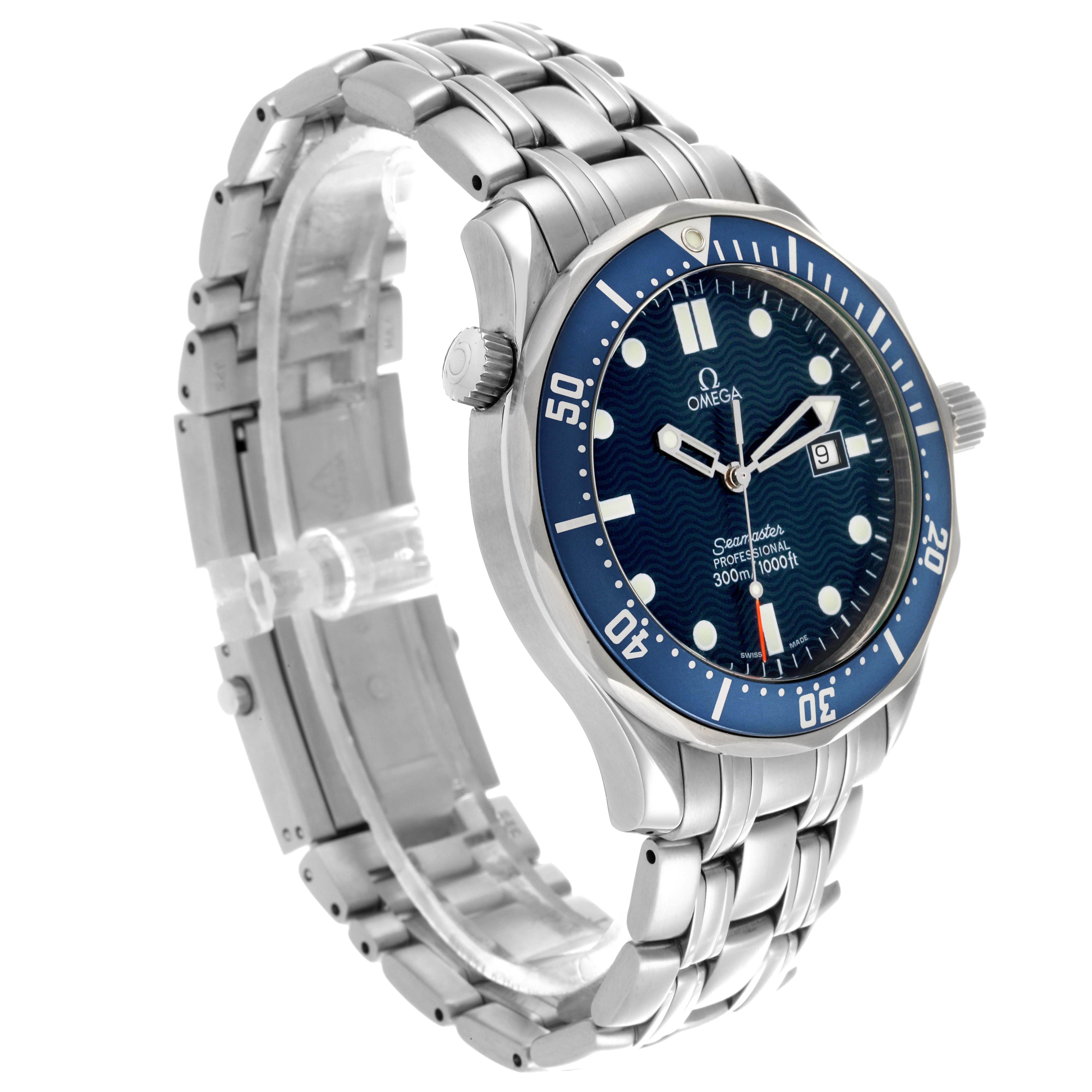 The Omega Seamaster 2541.80.00 Men's Stainless Steel Blue Dial watch is shown from a three-quarter angle, highlighting the dial, bezel, crown, and bracelet.