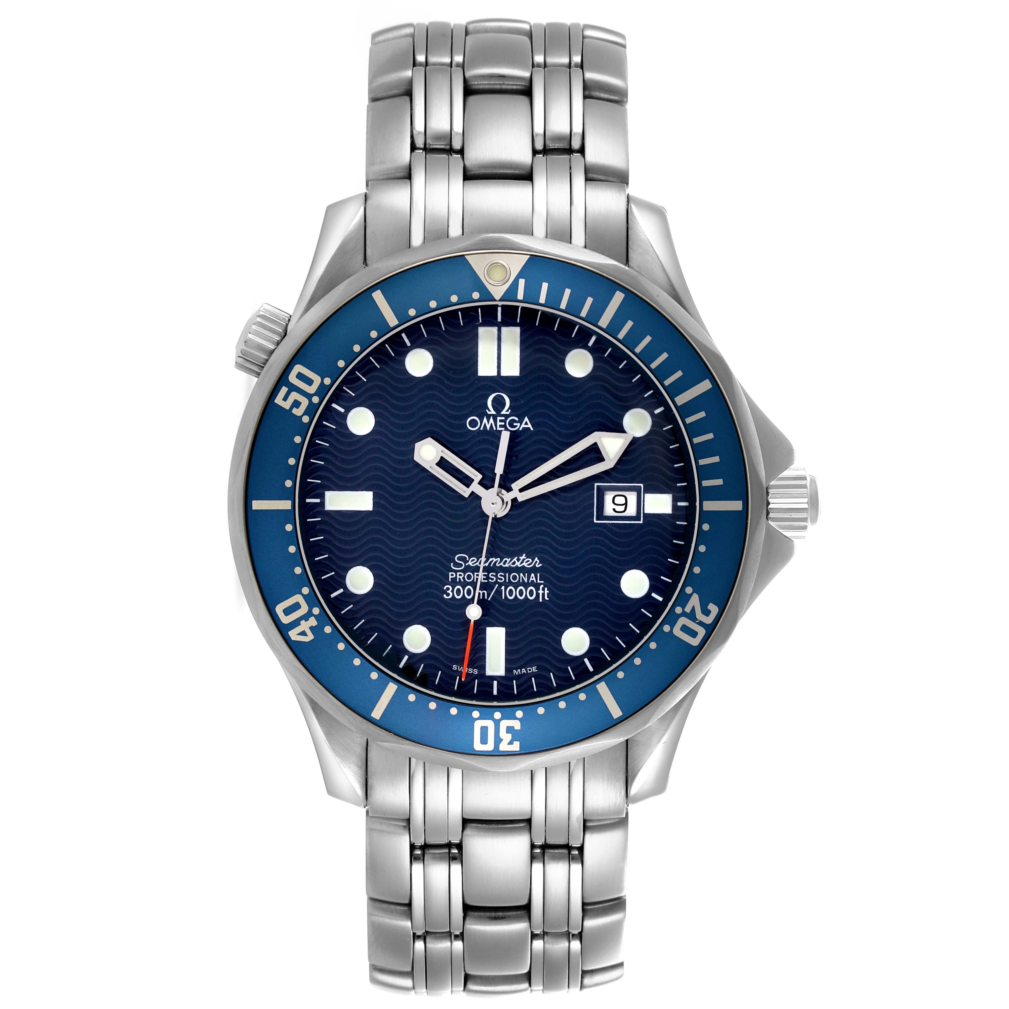 The Omega Seamaster 2541.80.00 Men's Stainless Steel Blue Dial watch is shown from the front, featuring the dial, bezel, and bracelet.