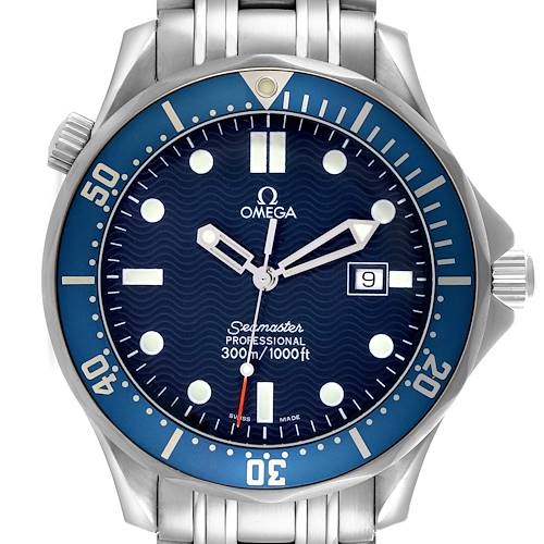 The Omega Seamaster 2541.80.00 Men's Stainless Steel Blue Dial watch is shown from a front angle, displaying the dial, bezel, and part of the bracelet.