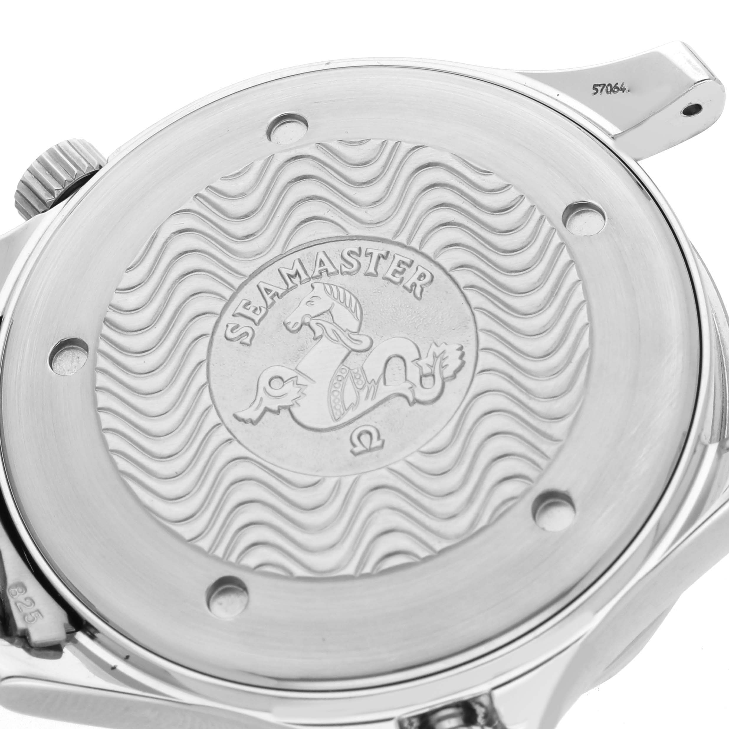 The image shows the back case of an Omega Seamaster 2541.80.00 Men's Stainless Steel Blue Dial watch with its wavy design and engraved emblem.