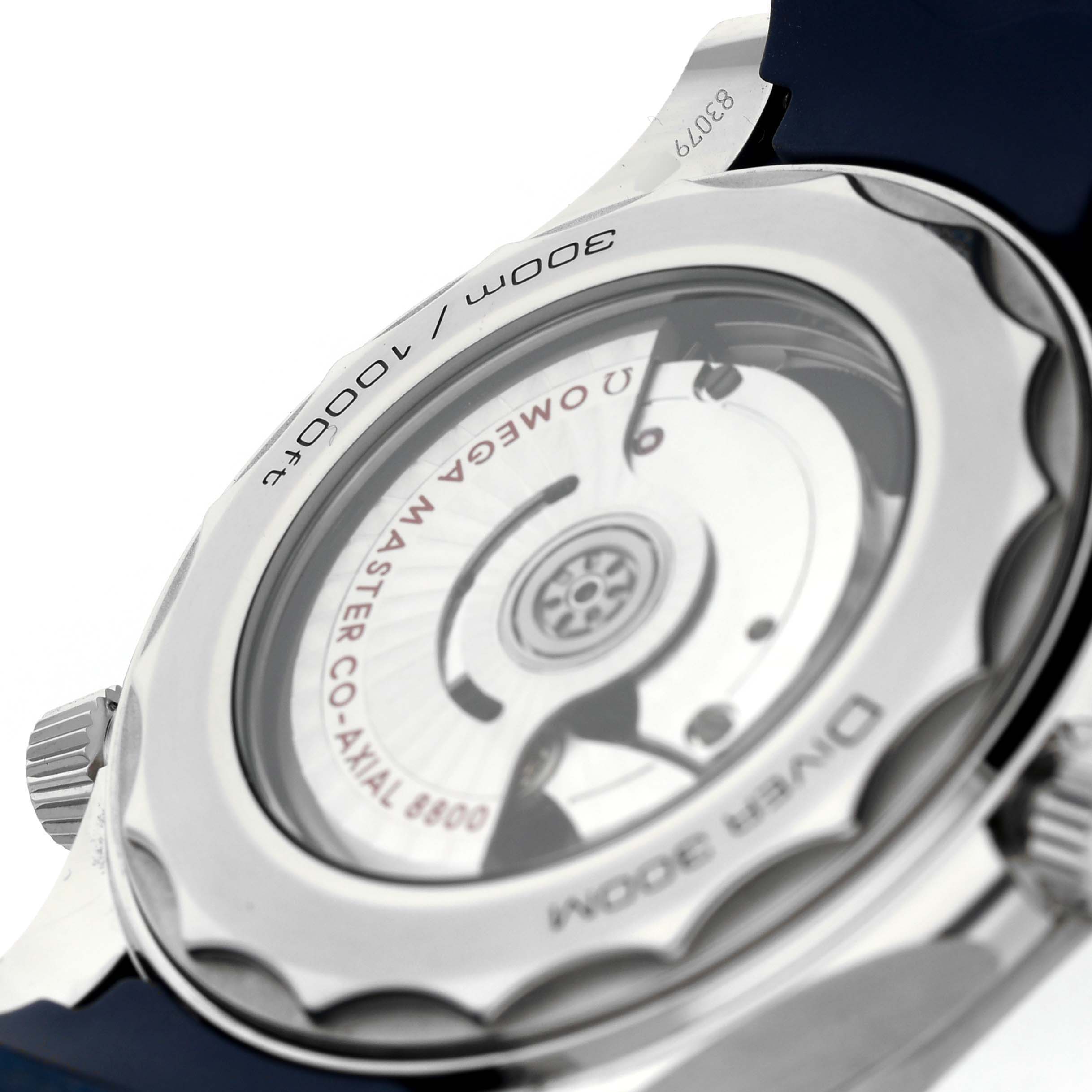 The image shows the back of the Omega Seamaster 210.32.42.20.06.001 Men's Stainless Steel Grey Dial, highlighting its transparent case back and rotor mechanism.