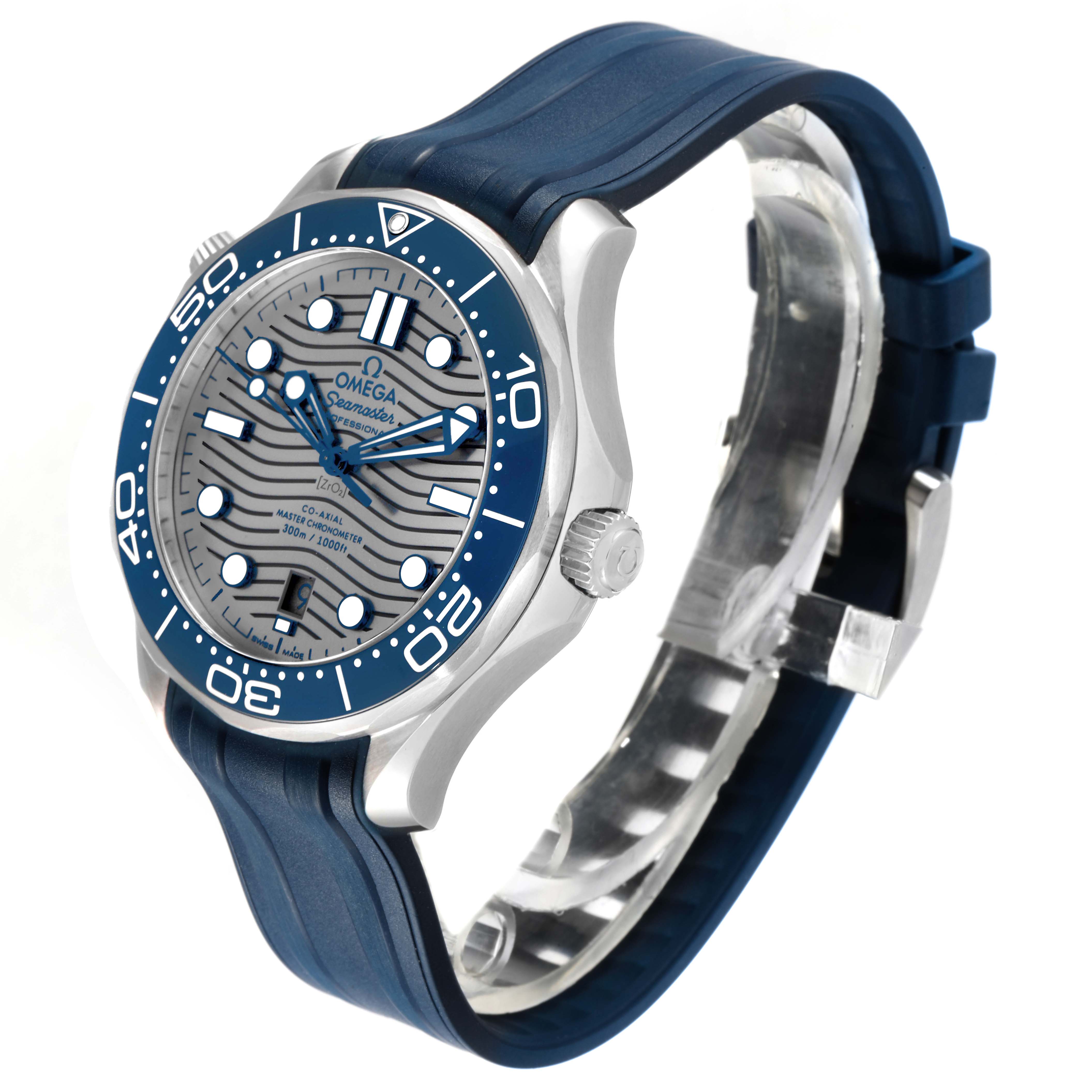 The Omega Seamaster 210.32.42.20.06.001 Men's Stainless Steel Grey Dial watch is shown at an angled side view, displaying the face, bezel, crown, and blue strap.