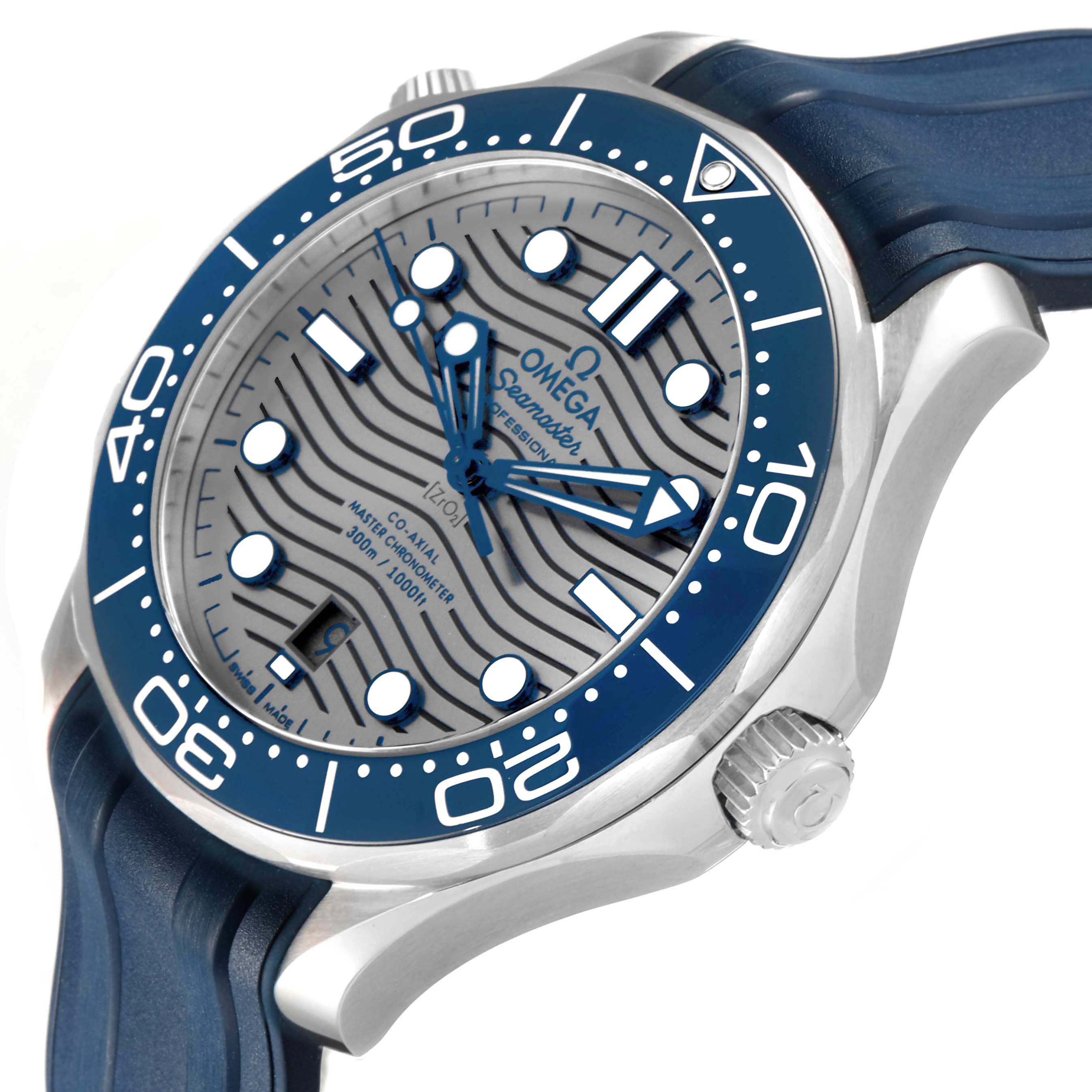 The Omega Seamaster 210.32.42.20.06.001 Men's Stainless Steel Grey Dial watch is shown at an angled side view, highlighting the bezel, crown, and dial with blue accents.