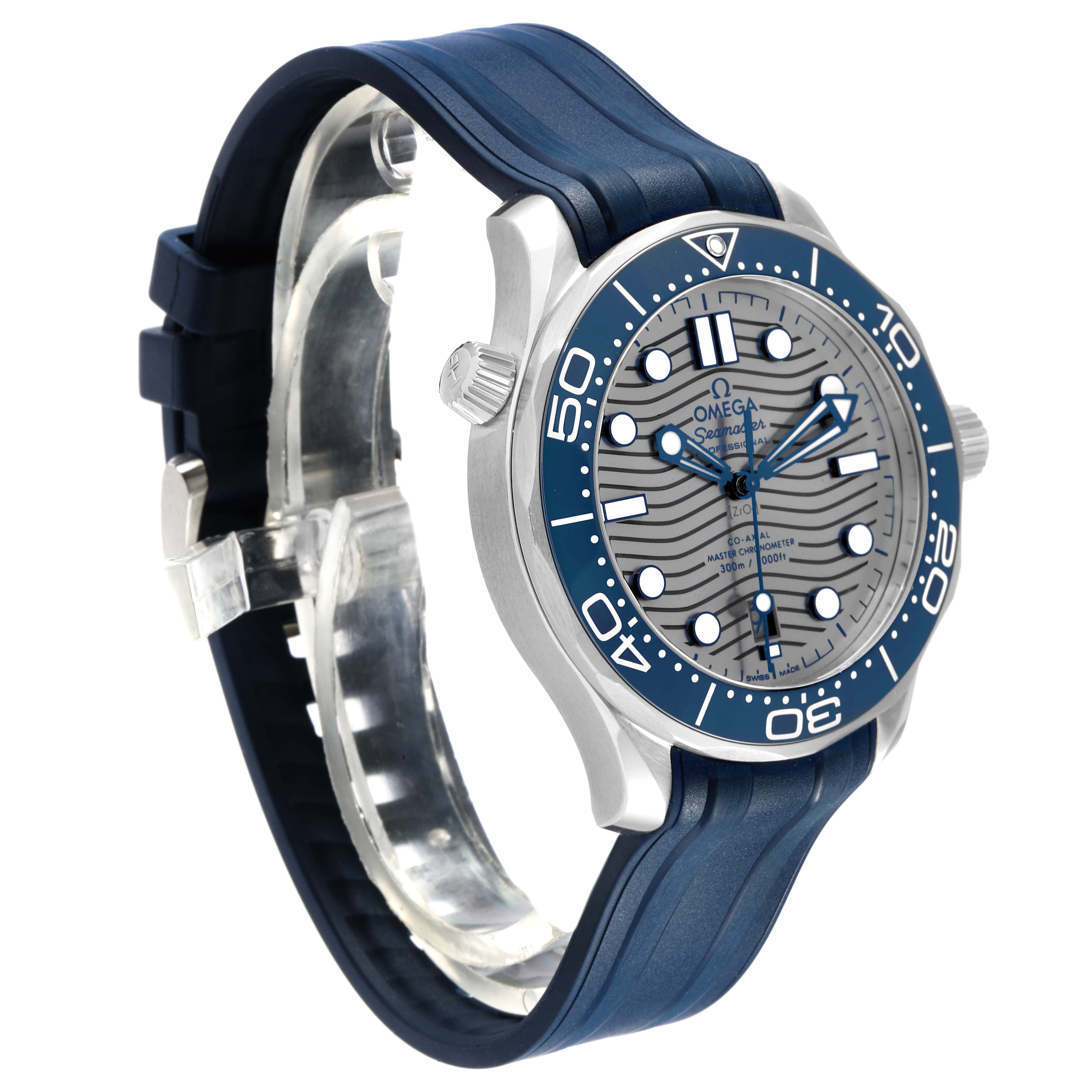 The Omega Seamaster 210.32.42.20.06.001 Men's Stainless Steel Grey Dial watch is shown from a three-quarter angle, highlighting the face, bezel, and blue strap.