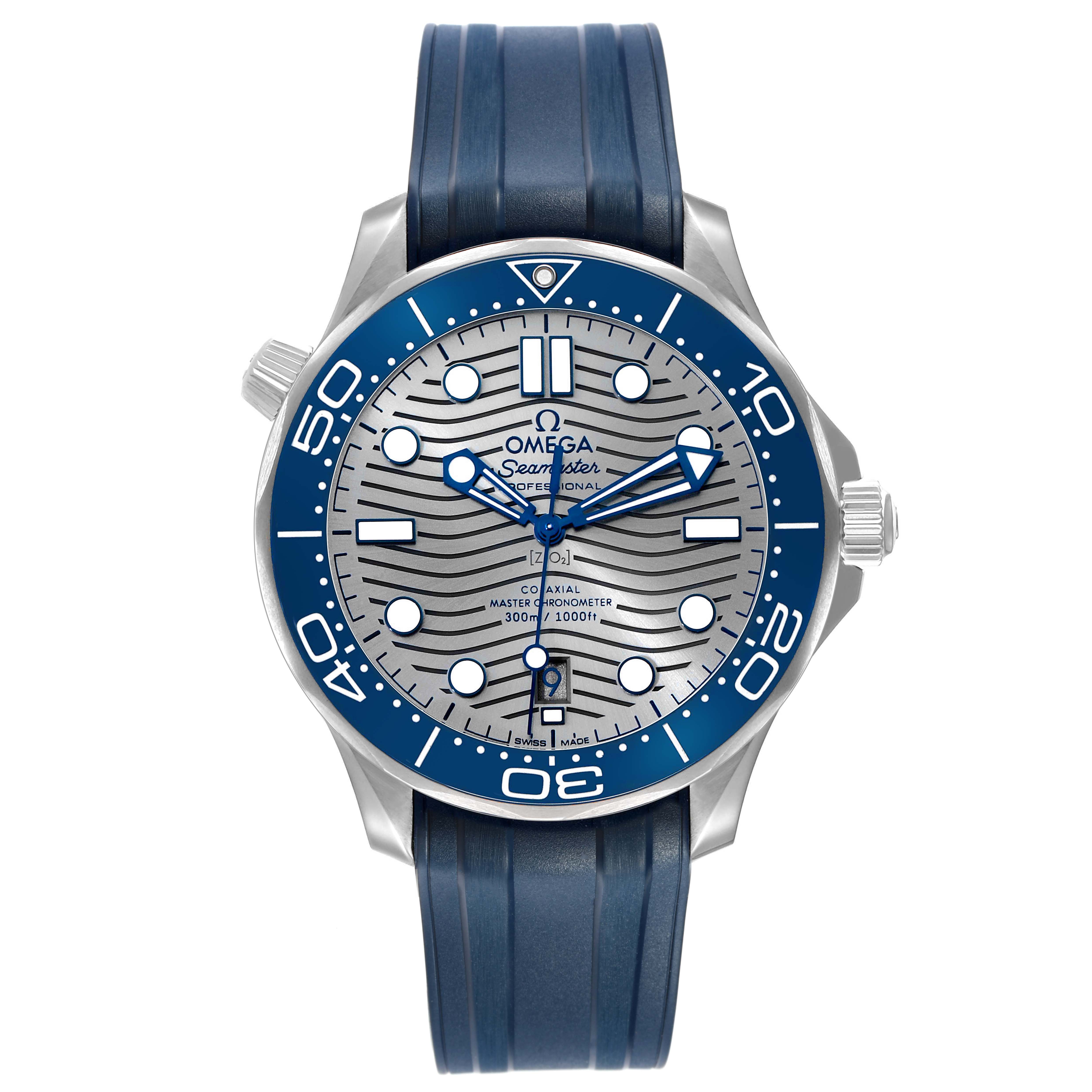 The image shows a front view of an Omega Seamaster 210.32.42.20.06.001 Men's Stainless Steel Grey Dial watch, displaying its bezel, dial, markers, and hands.
