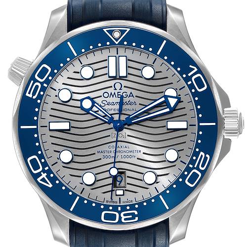 The Omega Seamaster 210.32.42.20.06.001 Men's Stainless Steel Grey Dial watch is shown from the front, highlighting the dial, bezel, hands, and crown.
