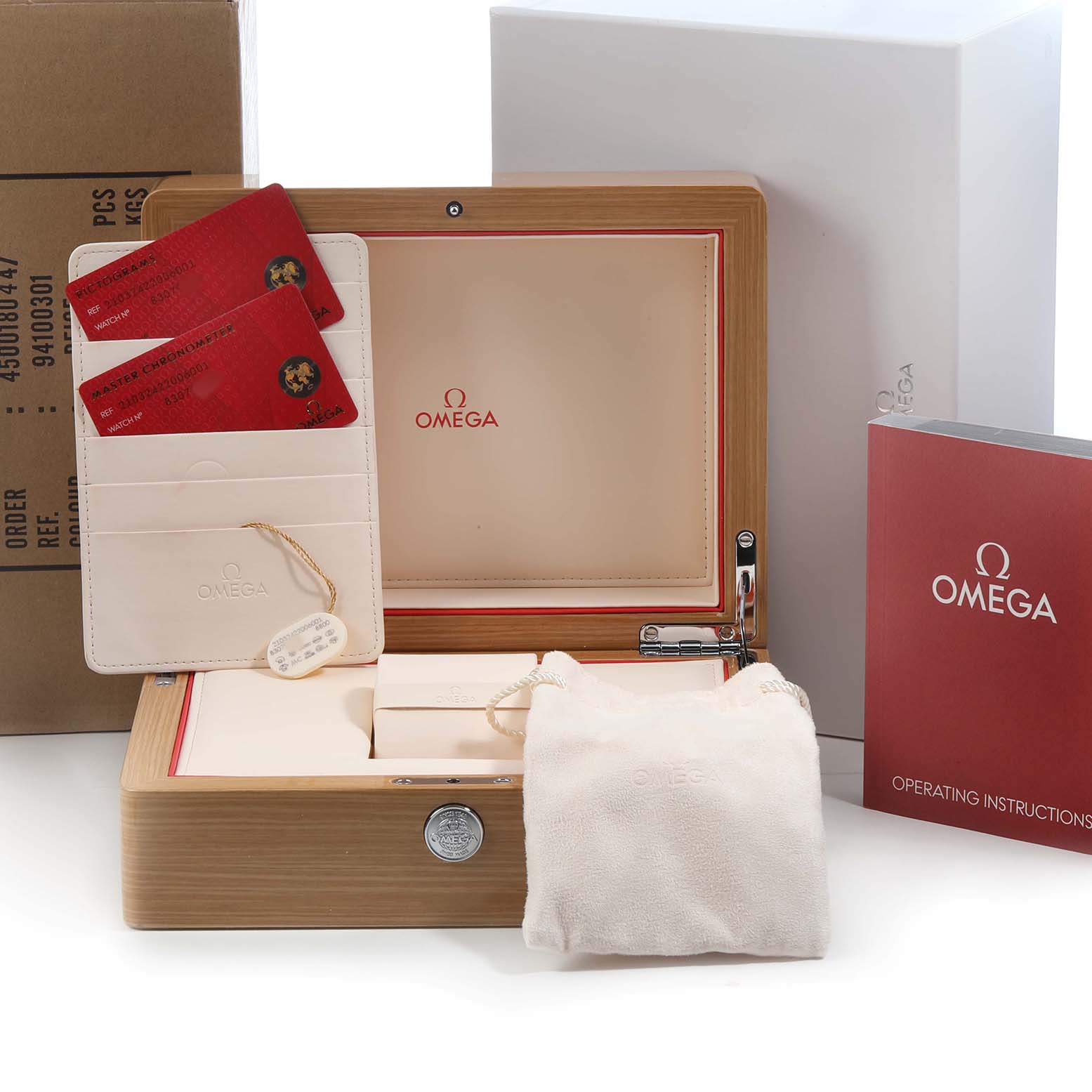 The image shows the Omega Seamaster 210.32.42.20.06.001 Men's Stainless Steel Grey Dial watch box from a frontal angle, with accompanying cards, a pouch, and an instruction booklet.