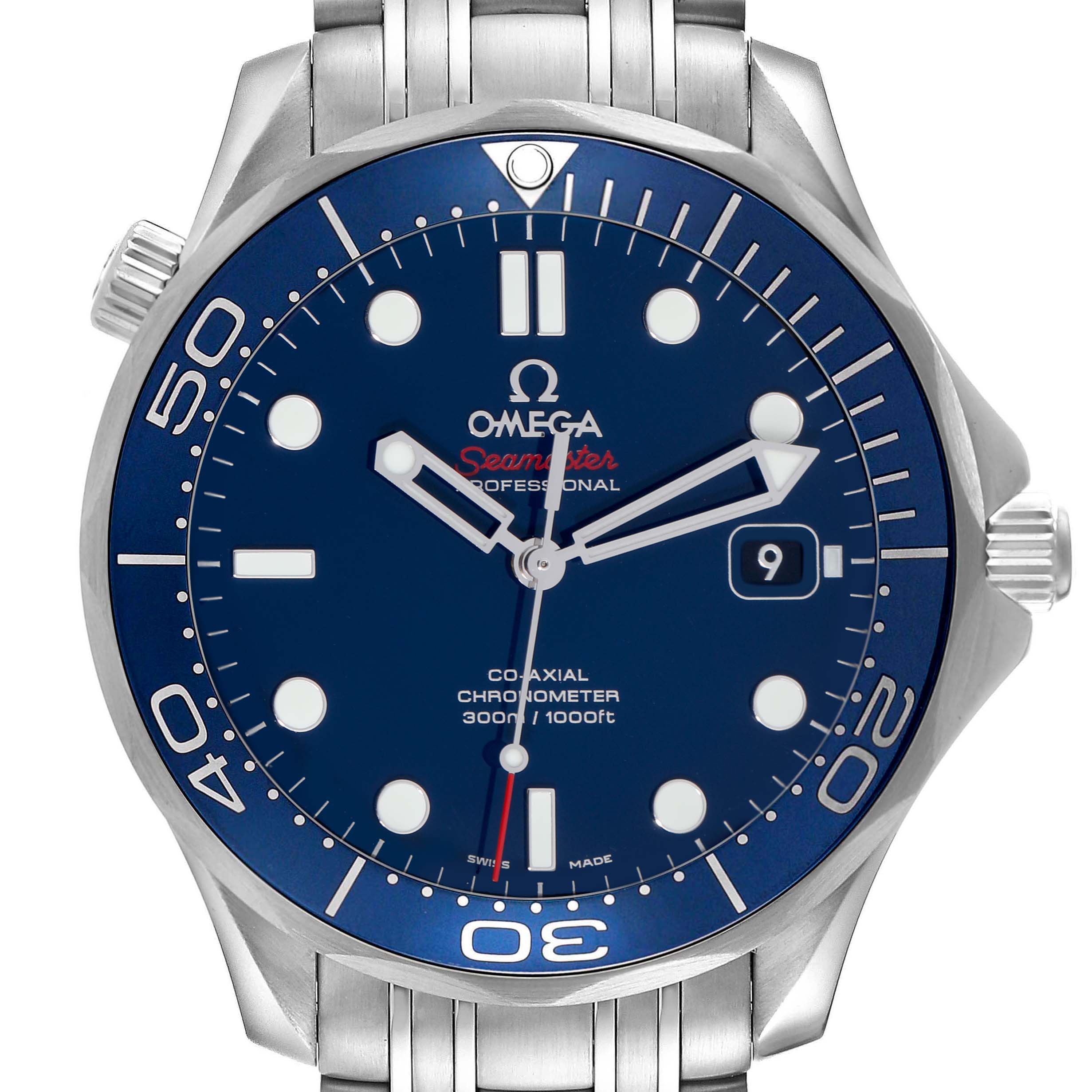 The Omega Seamaster 212.30.41.20.03.001 Men
s Stainless Steel Blue Dial 212.30.41.20.03.001 Men
s Stainless Steel Blue Dial model is shown from the front, highlighting the dial, bezel, case, and part of the bracelet.