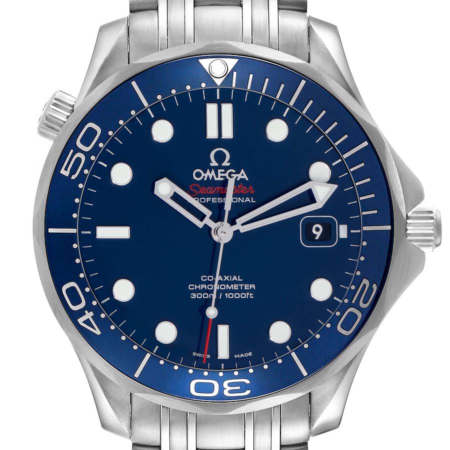 The Omega Seamaster model is shown from the front, highlighting the dial, bezel, case, and part of the bracelet.