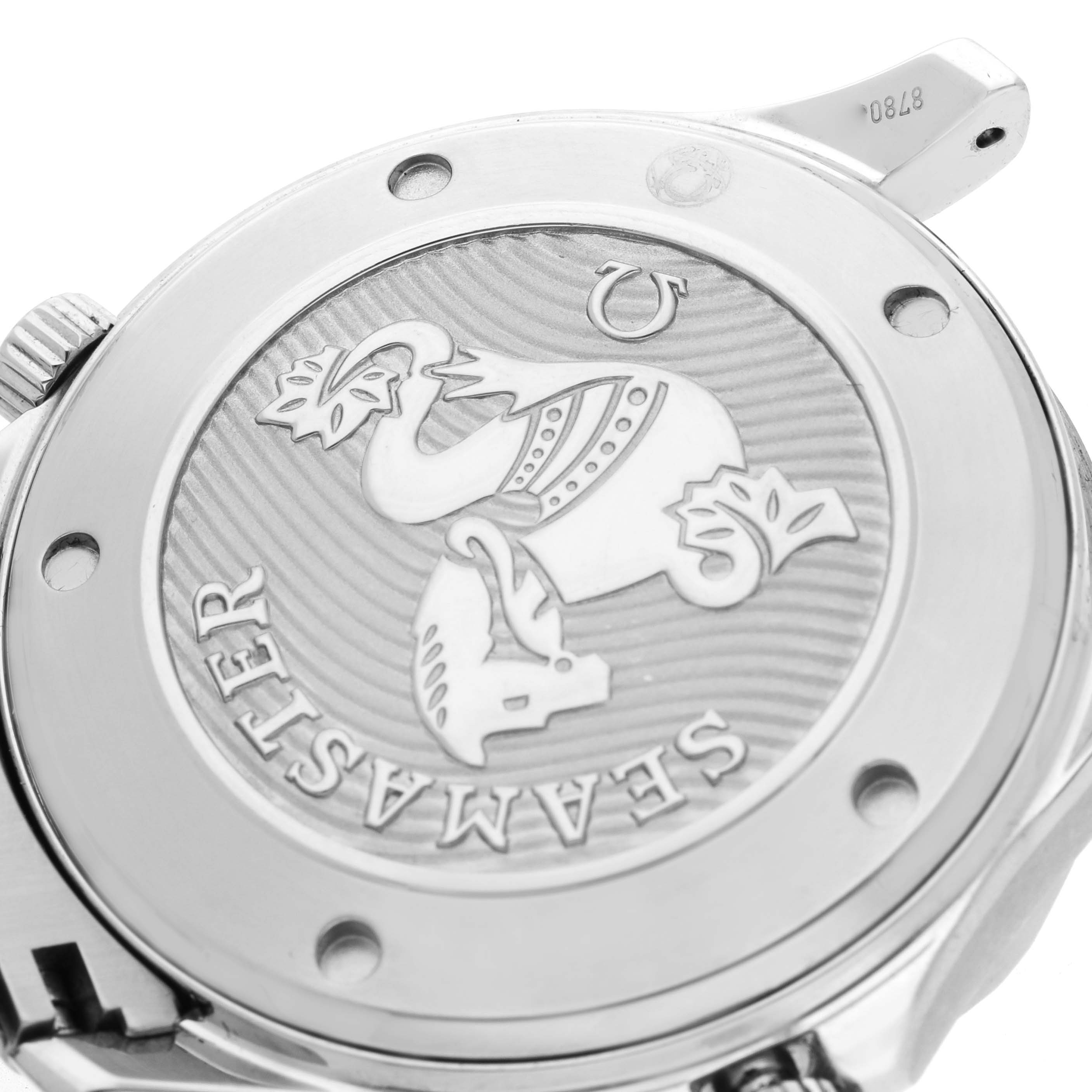 The image shows the case back of an Omega Seamaster 212.30.41.20.03.001 Men
s Stainless Steel Blue Dial 212.30.41.20.03.001 Men
s Stainless Steel Blue Dial watch, featuring engraved branding and decorative details.