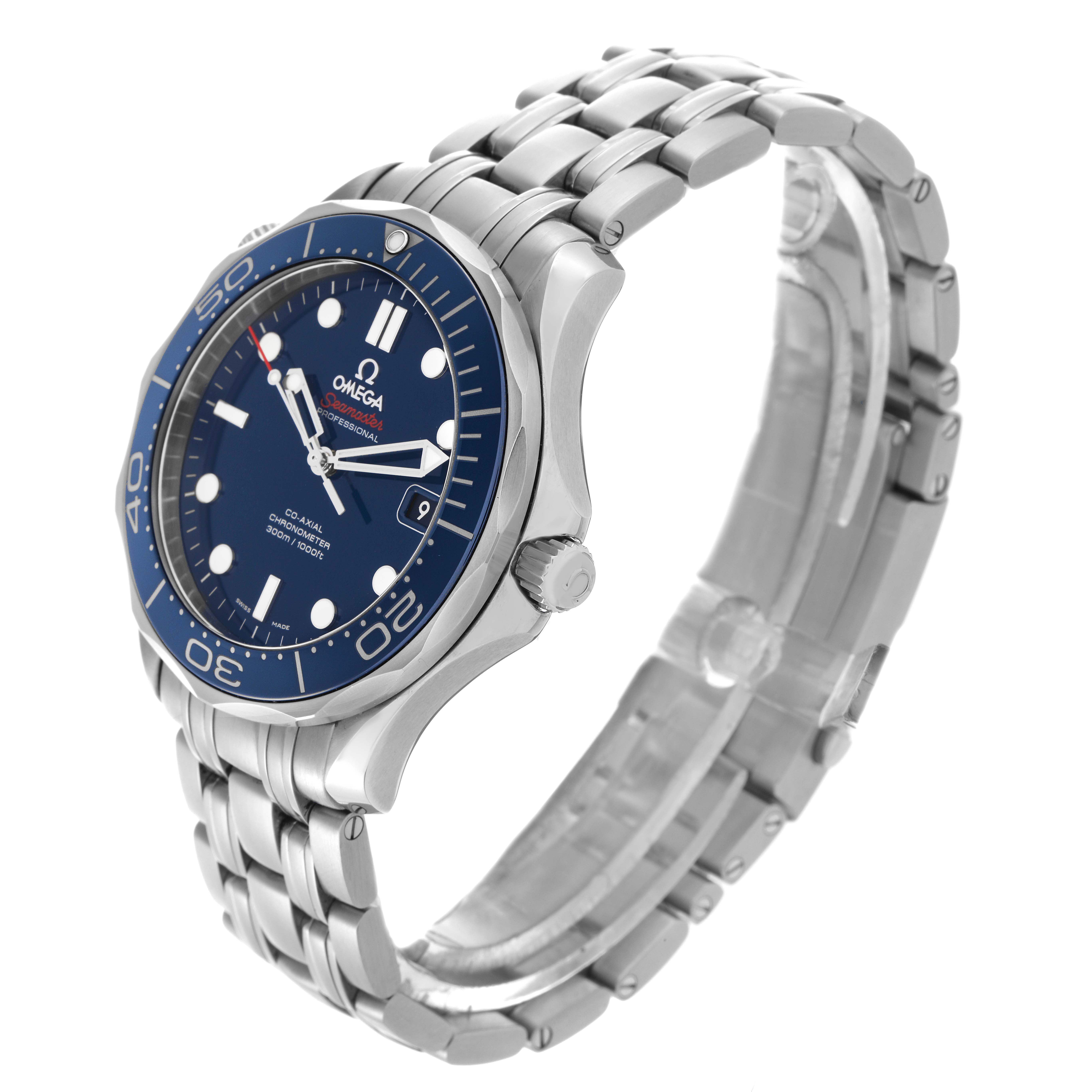 The Omega Seamaster 212.30.41.20.03.001 Men
s Stainless Steel Blue Dial 212.30.41.20.03.001 Men
s Stainless Steel Blue Dial watch is shown at a three-quarter angle, displaying its face, bezel, crown, and metal bracelet.