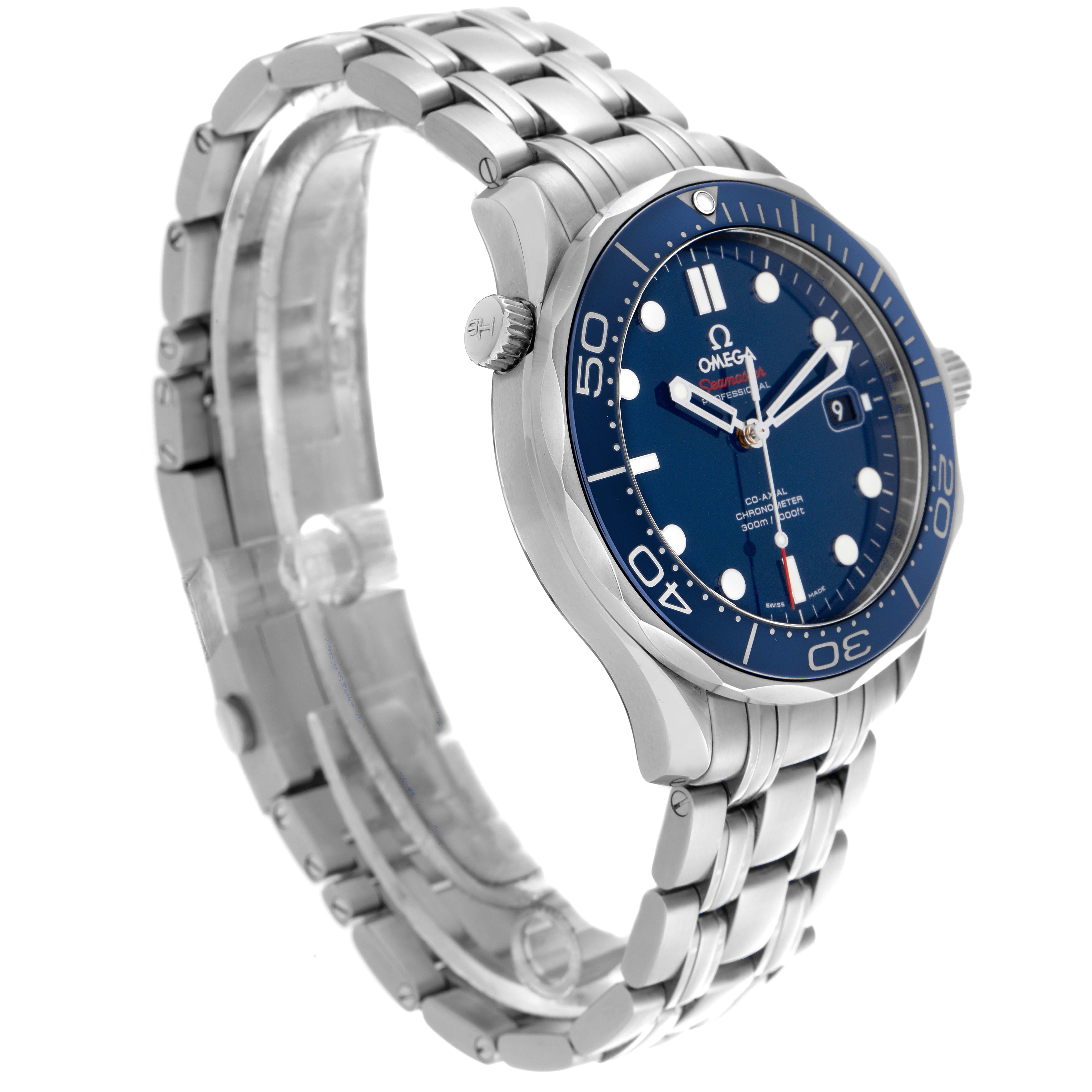 The Omega Seamaster 212.30.41.20.03.001 Men
s Stainless Steel Blue Dial 212.30.41.20.03.001 Men
s Stainless Steel Blue Dial watch is shown at a side angle, displaying the bracelet, bezel, and face details.