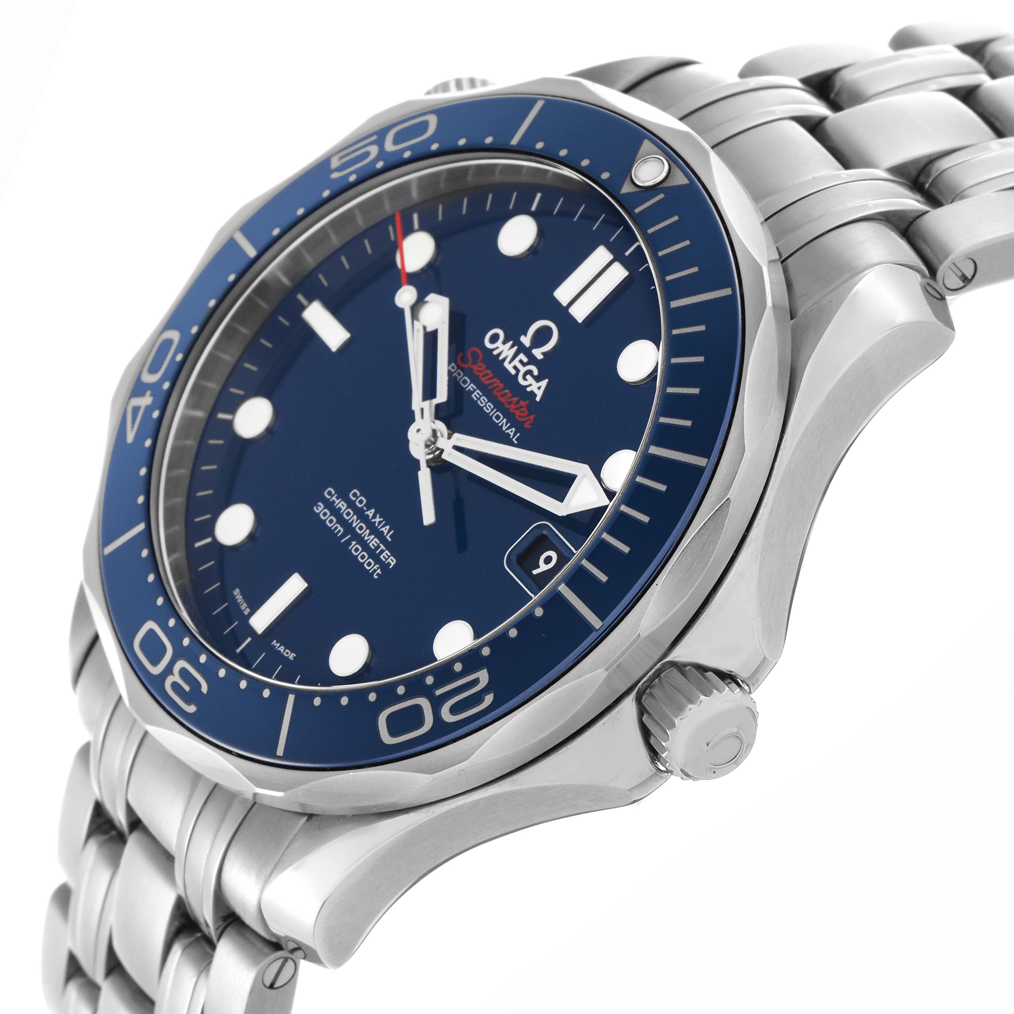 The Omega Seamaster 212.30.41.20.03.001 Men
s Stainless Steel Blue Dial 212.30.41.20.03.001 Men
s Stainless Steel Blue Dial watch is shown at a three-quarter angle, highlighting the bezel, face, hands, and side crown.