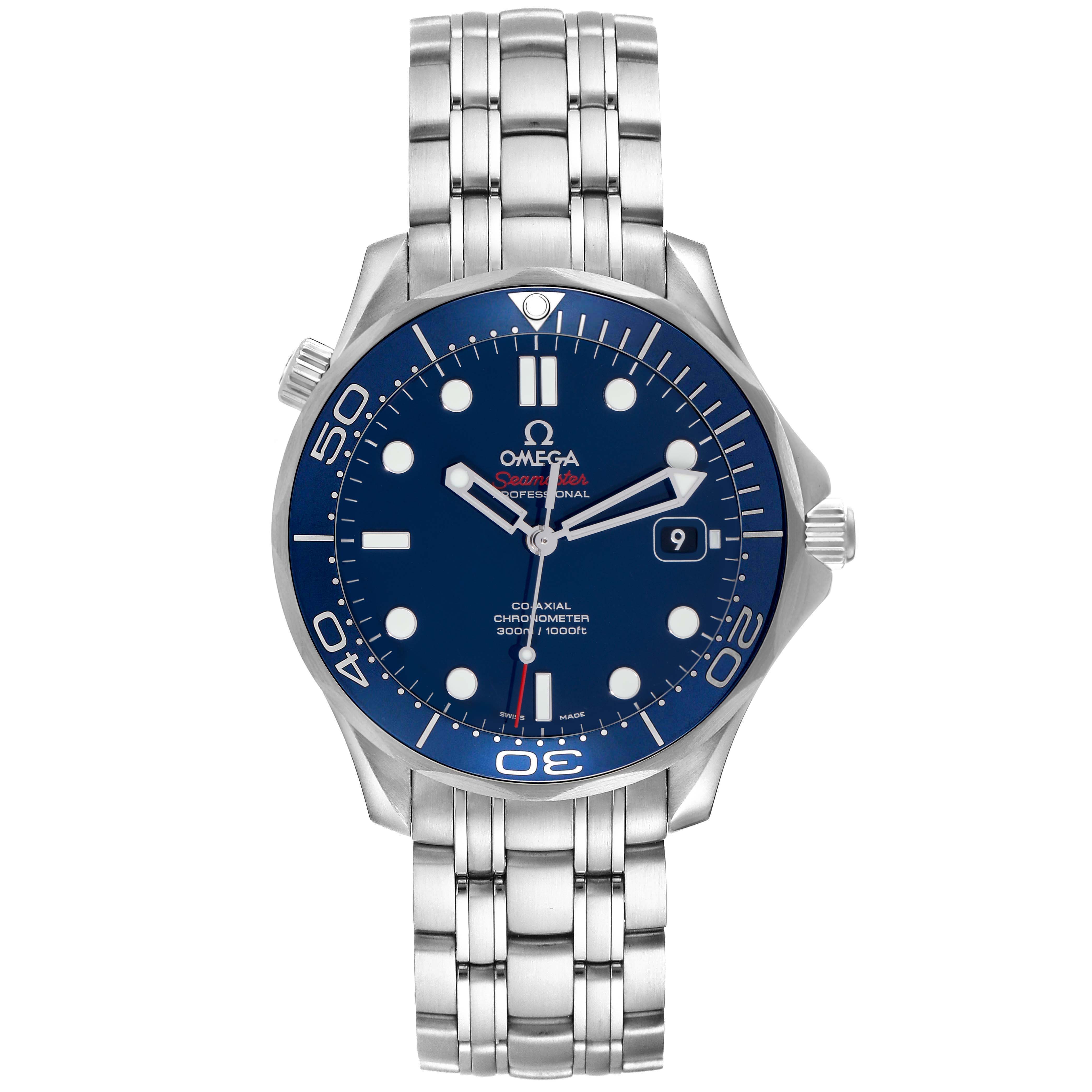 The Omega Seamaster 212.30.41.20.03.001 Men
s Stainless Steel Blue Dial 212.30.41.20.03.001 Men
s Stainless Steel Blue Dial watch is shown from a top-down angle, displaying the face, bezel, crown, and bracelet.