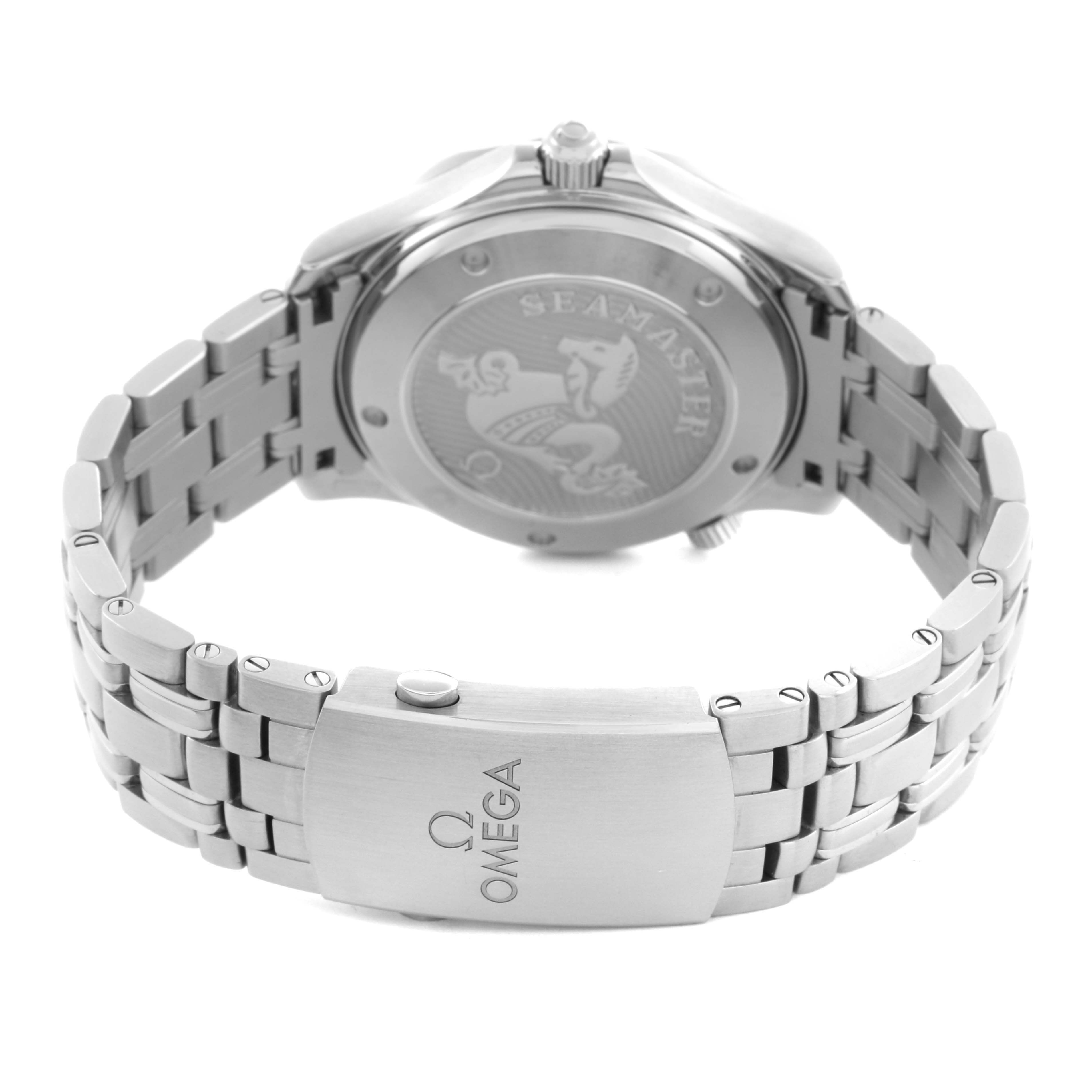 The Omega Seamaster 212.30.41.20.03.001 Men
s Stainless Steel Blue Dial 212.30.41.20.03.001 Men
s Stainless Steel Blue Dial watch is shown from the back, highlighting the case back, bracelet, and clasp with the logo visible.