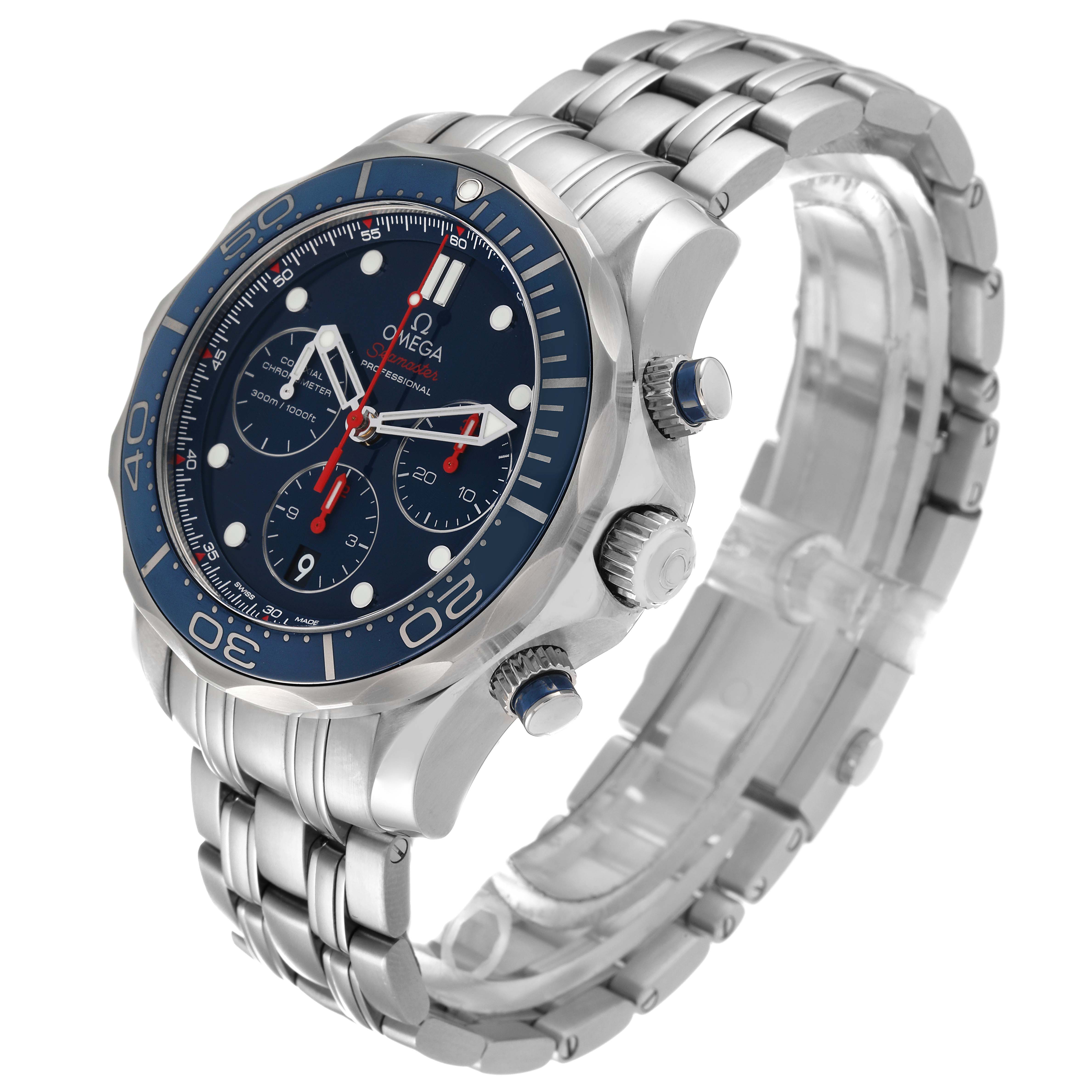 This image shows an Omega Seamaster 212.30.44.50.03.001 Men's Stainless Steel Blue Dial 212.30.44.50.03.001 Men's Stainless Steel Blue Dial watch from a three-quarter angle, highlighting the face, bezel, crown, and stainless steel bracelet.