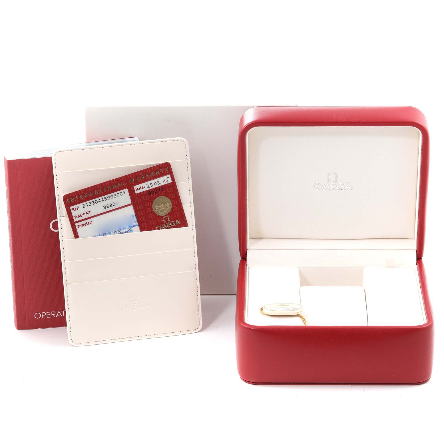 The image shows the Omega Seamaster 212.30.44.50.03.001 Men's Stainless Steel Blue Dial 212.30.44.50.03.001 Men's Stainless Steel Blue Dial watch's box, operating instructions, warranty cards, and a cardholder.