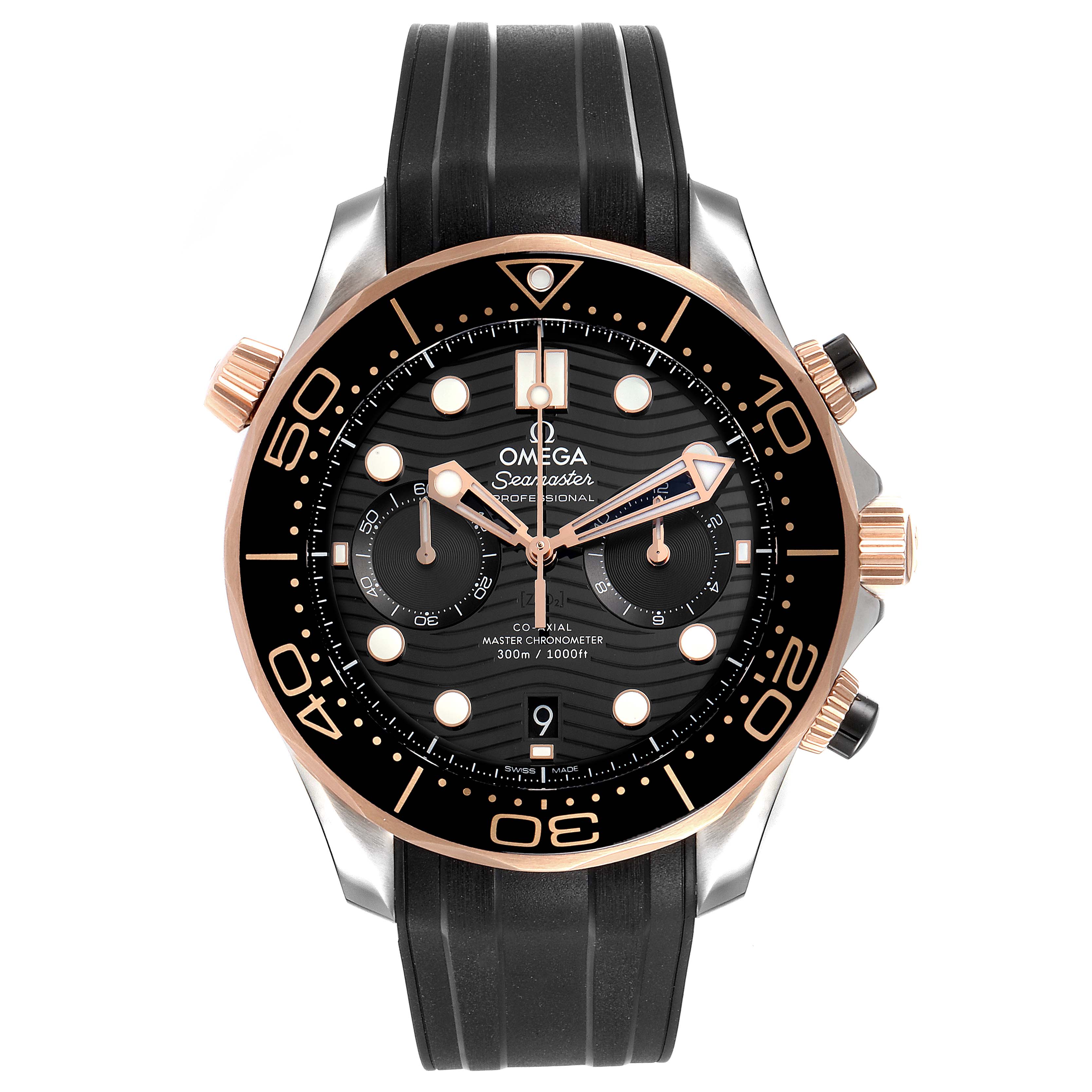 The Omega Seamaster 210.22.44.51.01.001 Men's Steel and Gold (two tone) Black Dial 210.22.44.51.01.001 Men's Steel and Gold (two tone) Black Dial model watch is shown from the front, highlighting the dial, bezel, and rubber strap.