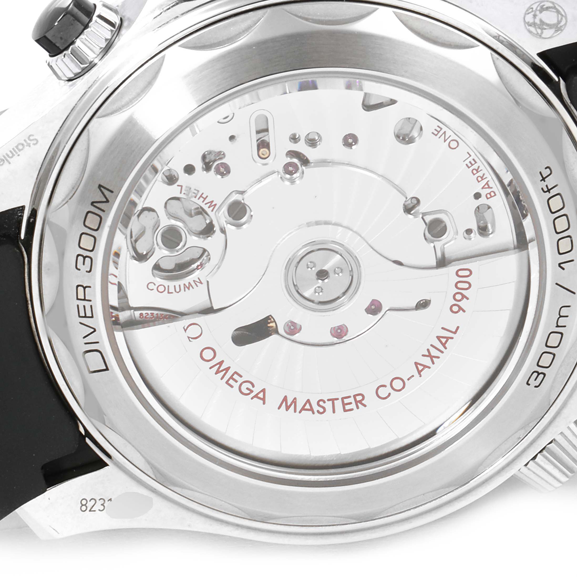 The image shows the transparent case back of the Omega Seamaster 210.32.44.51.01.001 Men's Stainless Steel Black Dial 210.32.44.51.01.001 Men's Stainless Steel Black Dial Diver 300M, revealing the Omega Master Co-Axial 9900 movement.