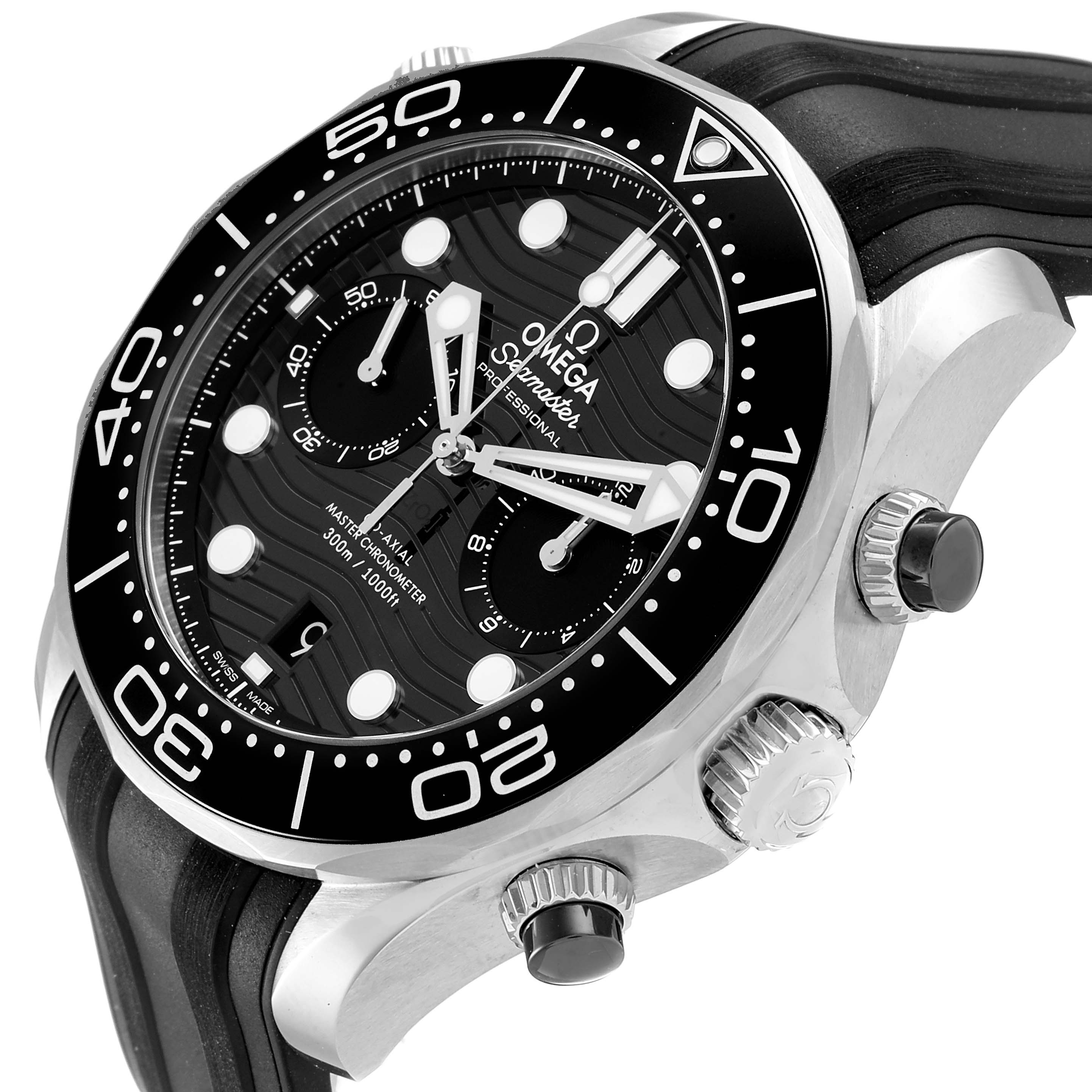 The image shows an angled view of the Omega Seamaster 210.32.44.51.01.001 Men's Stainless Steel Black Dial 210.32.44.51.01.001 Men's Stainless Steel Black Dial watch, highlighting the bezel, crown, and chronograph dials.