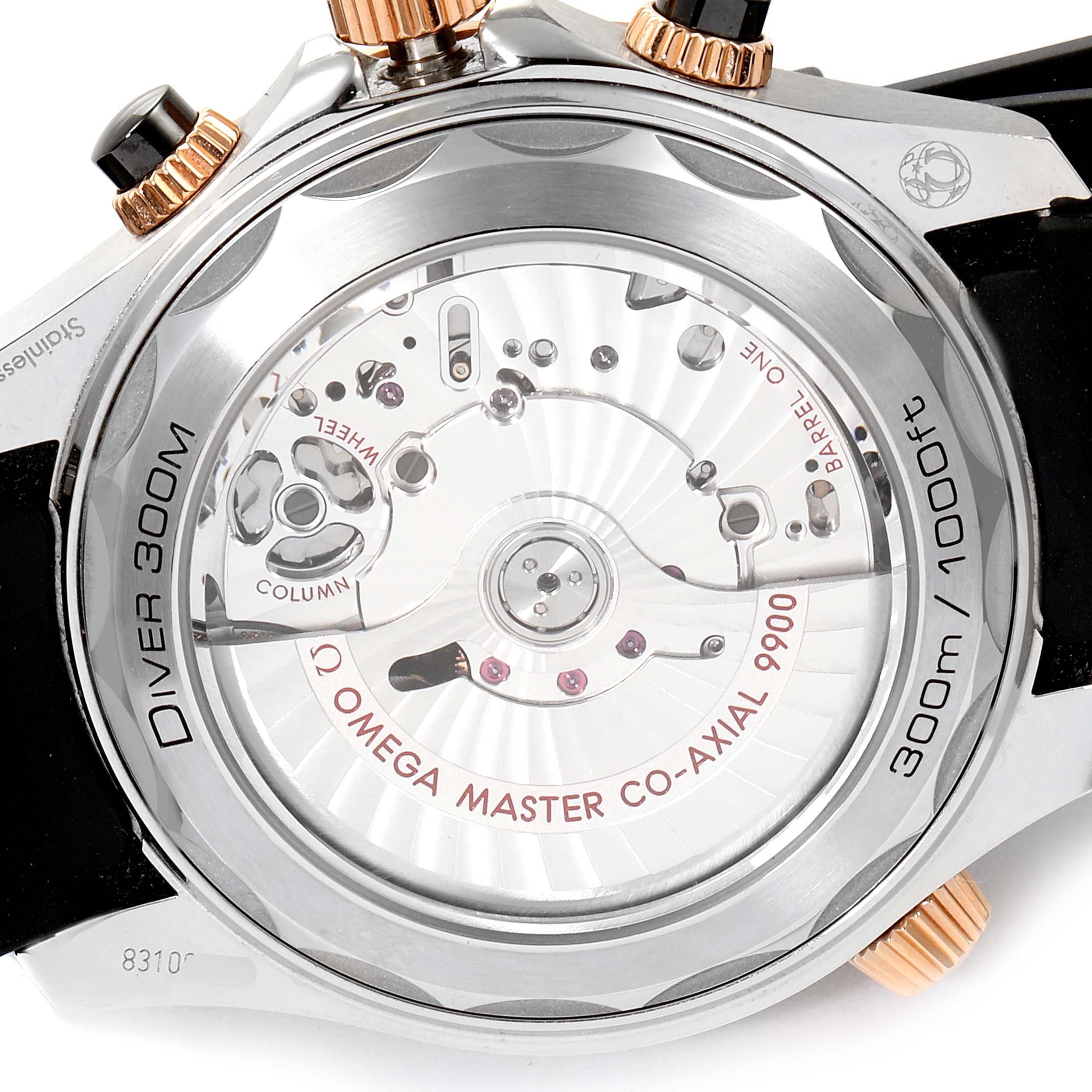 This image shows the back of an Omega Seamaster 210.22.44.51.01.001 Men's Steel and Gold (two tone) Black Dial 210.22.44.51.01.001 Men's Steel and Gold (two tone) Black Dial Diver 300M watch, showcasing its internal movement and details.