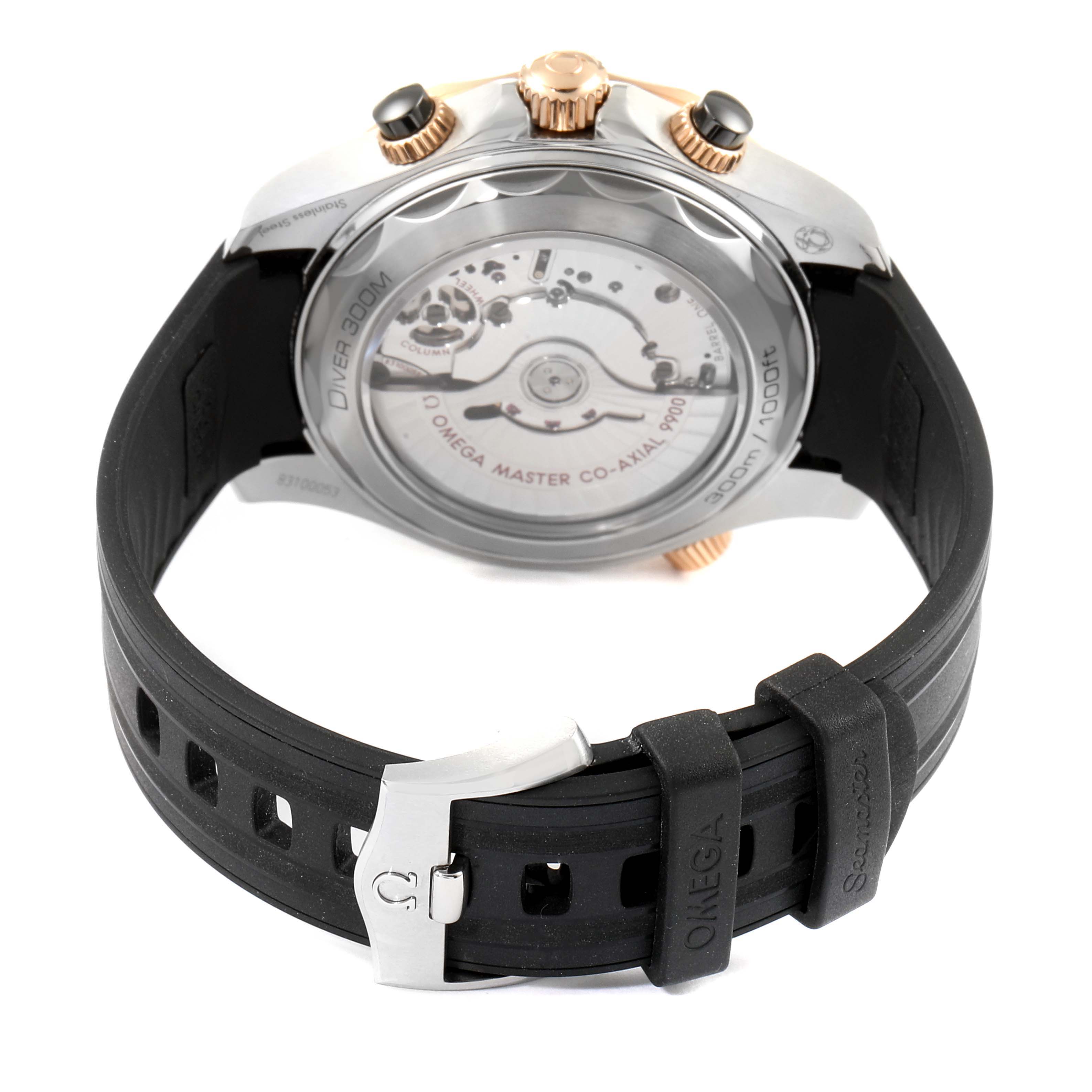 The image shows the back view of an Omega Seamaster 210.22.44.51.01.001 Men's Steel and Gold (two tone) Black Dial 210.22.44.51.01.001 Men's Steel and Gold (two tone) Black Dial watch, highlighting its transparent case back and black strap.