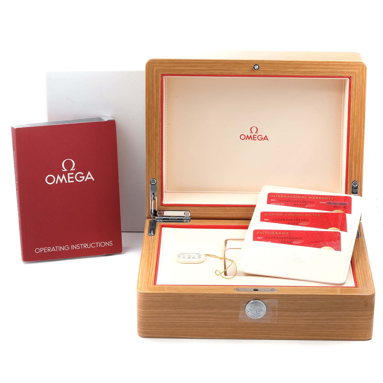 The image shows an Omega Seamaster 210.32.44.51.01.001 Men's Stainless Steel Black Dial 210.32.44.51.01.001 Men's Stainless Steel Black Dial watch box, operating instructions book, and certification cards.