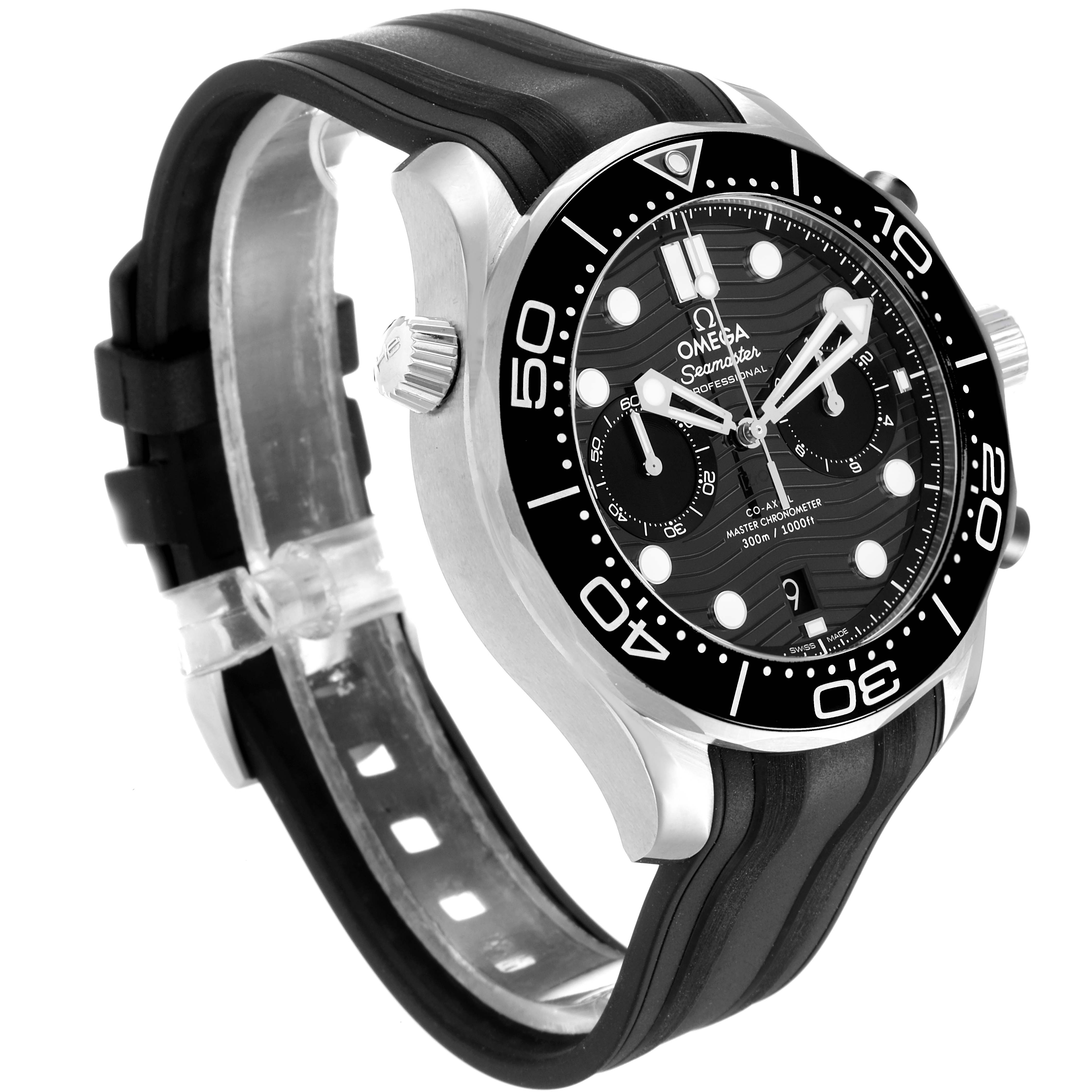 The Omega Seamaster 210.32.44.51.01.001 Men's Stainless Steel Black Dial 210.32.44.51.01.001 Men's Stainless Steel Black Dial watch is shown at an angle displaying the face, bezel, and black rubber strap.