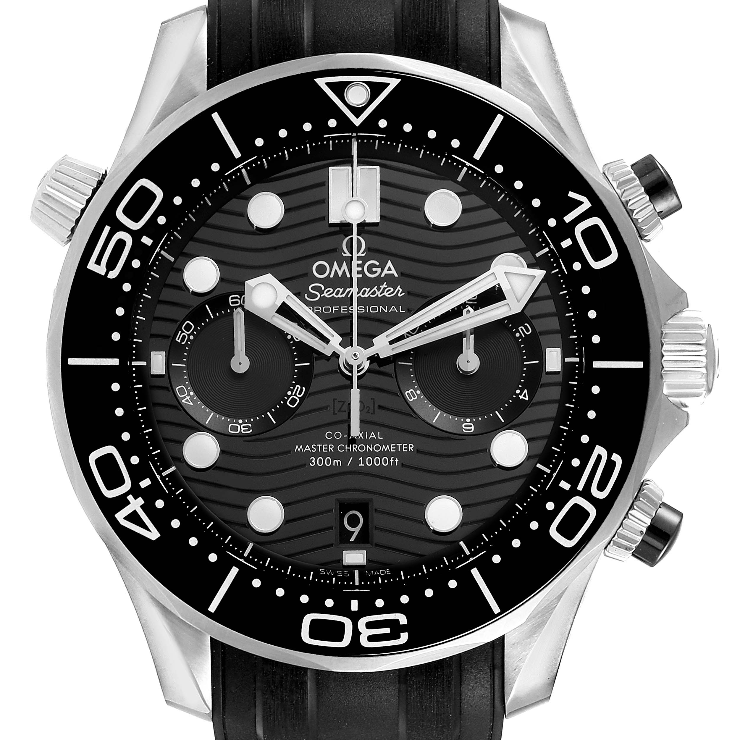 The image shows a front view of an Omega Seamaster 210.32.44.51.01.001 Men's Stainless Steel Black Dial 210.32.44.51.01.001 Men's Stainless Steel Black Dial watch featuring its dial, bezel, and crown.